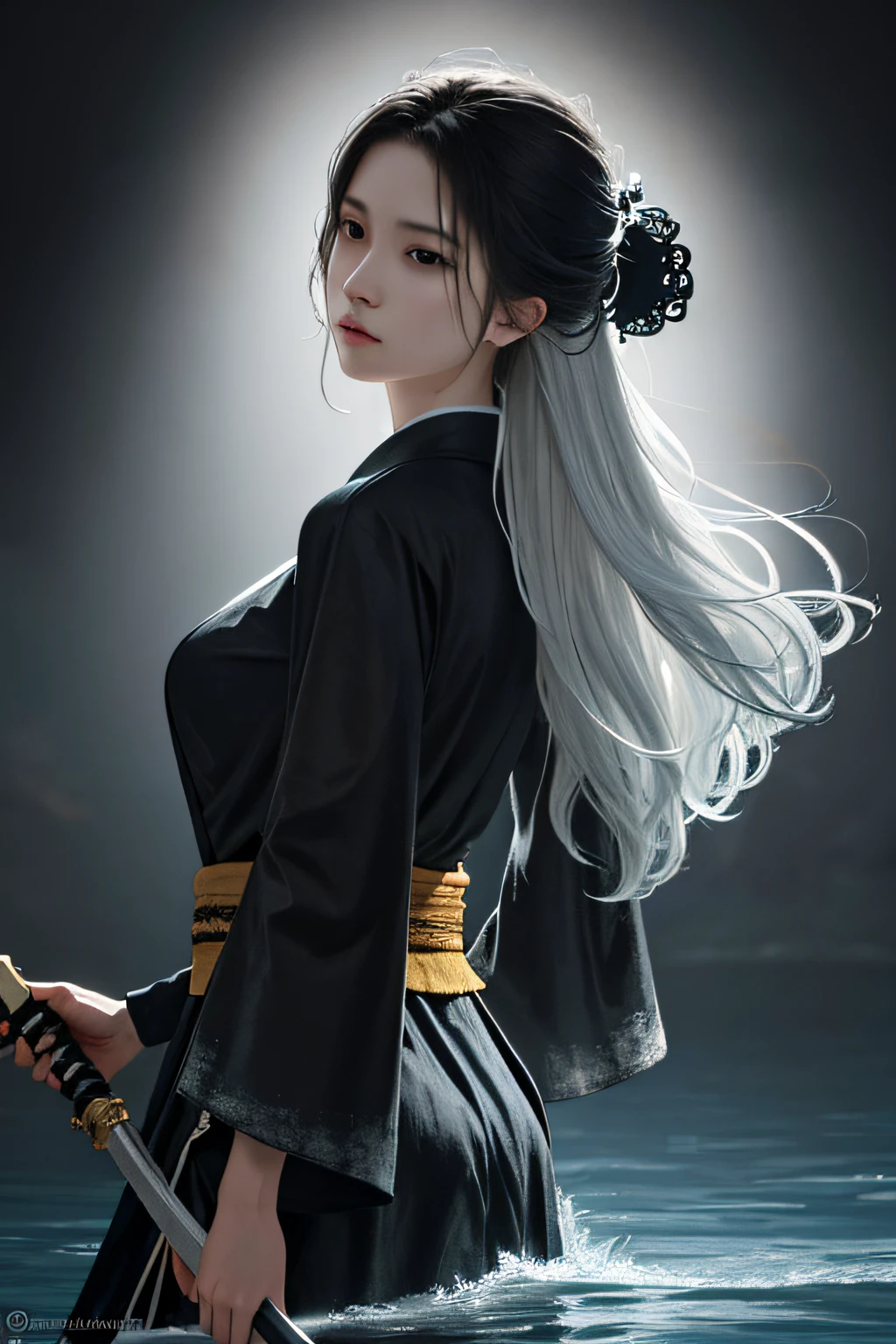 masterpiece, realistic, realism, photorealism, high contrast, photorealistic digital art trending on Artstation 8k HD high definition detailed realistic, 1girl,((water,water ring)), weapon, sword, solo, katana, holding, water, grey eyes, holding weapon, japanese clothes, holding sword, white hair, long hair, kimono, black hair, wide sleeves, long sleeves, lips, cowboy shot, black background, back, parted lips,art by artgerm and ruan jia and greg rutkowski surreal painting,detailed, skin texture, hyper-detailed, realistic skin texture,