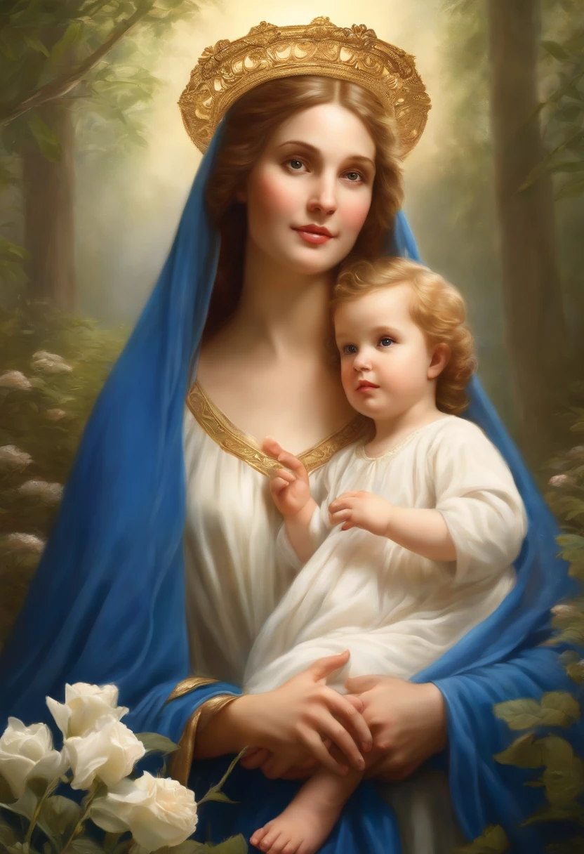 (best quality,highres,masterpiece:1.2),ultra-detailed,realistic,portrait,religious artwork,vibrant colors,soft lighting,Mary holding Jesus,halo,heavenly aura,delicate brushstrokes,ornate robes,gold accents,serene expression,gentle smile,sacred atmosphere,divine grace and beauty,peaceful garden background,natural elements like flowers and trees,realistic facial features,loving gaze,royal blue cloak,meticulous details,angelic presence,pure white light,devotion,emotional depth,captivating artwork,classic style,fine art masterpiece.