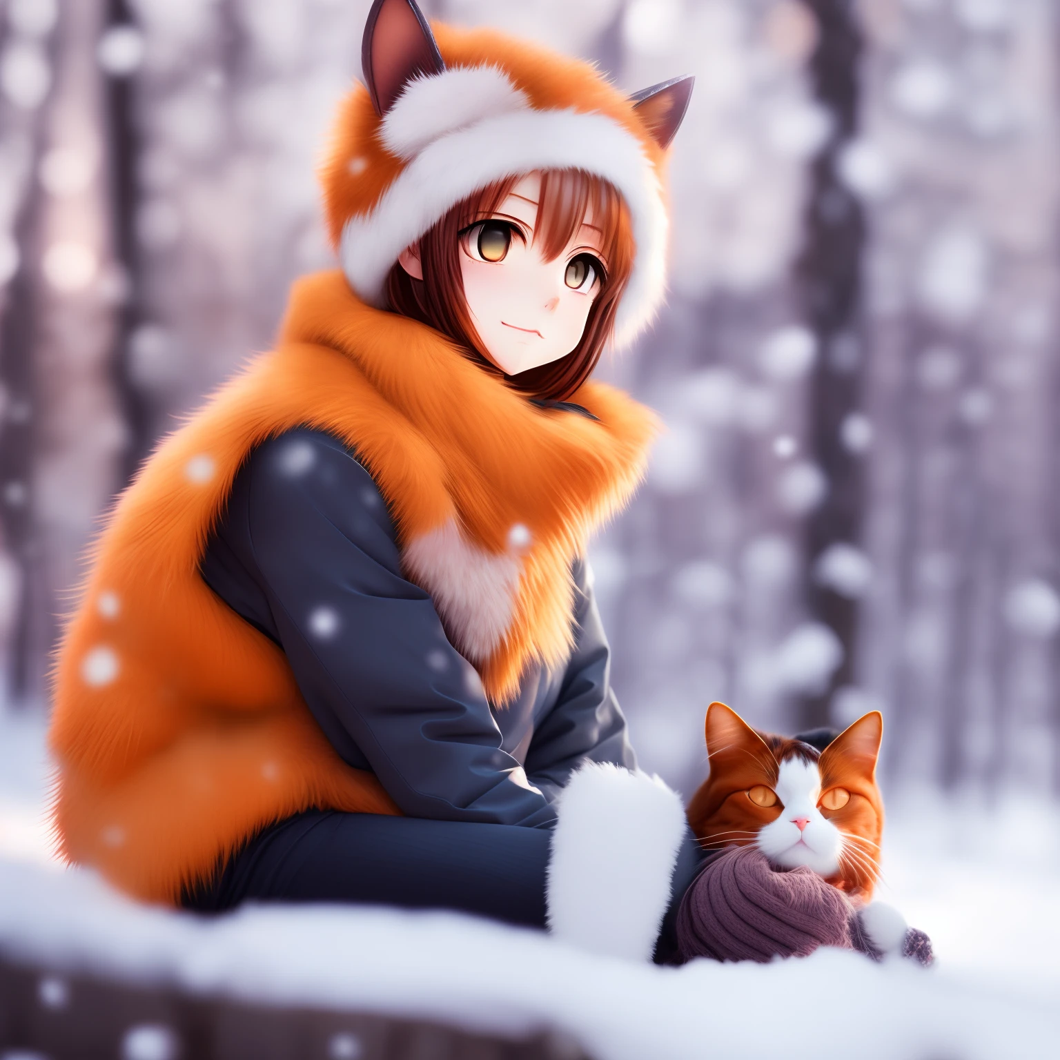 anime style,Catecat,scarf, outdoors, closed eyes, blush, orange scarf, blurry, snow, earmuffs, snowing, winter, blurry background, sitting,facing viewer, orange fur, depth of field, cat,summer,cat --auto --s2
