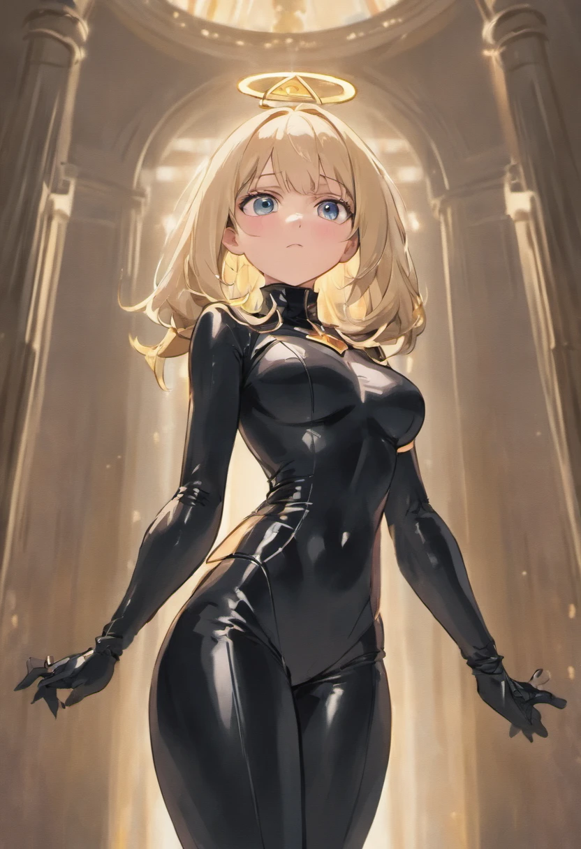 A blonde young woman wearing. in a black latex suit confidently stands as the American president and delivers a powerful speech