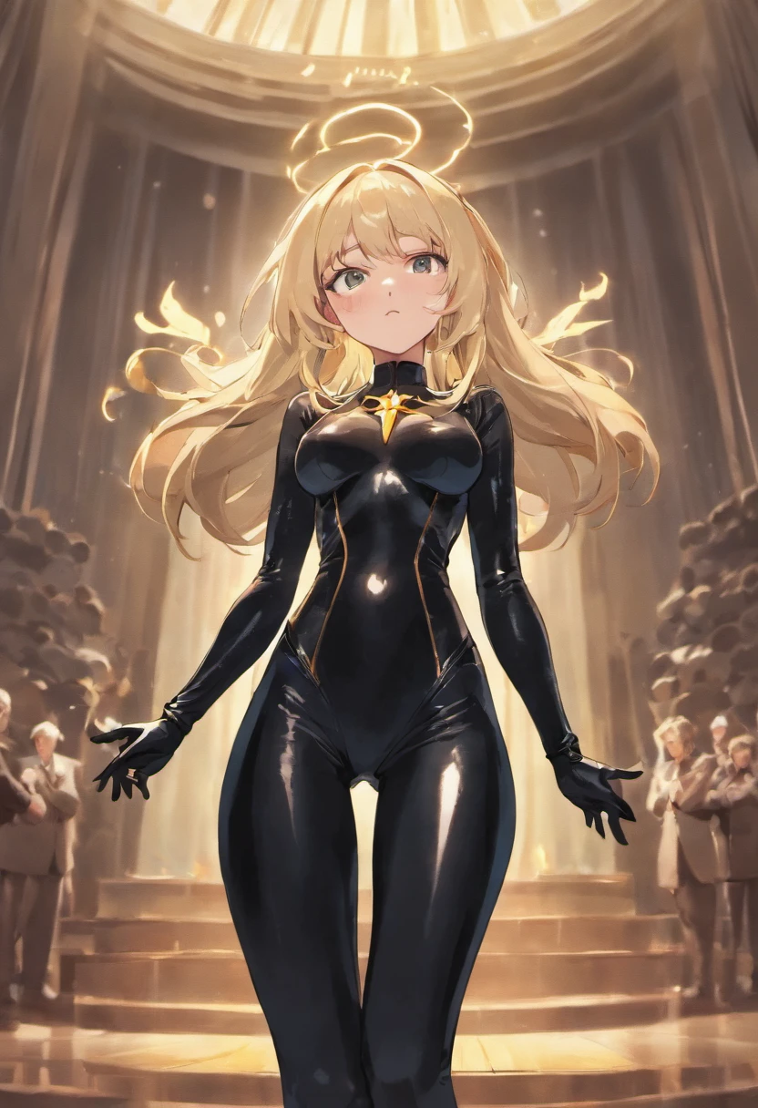 A blonde young  woman wearing.     in a black latex suit   confidently stands as the American president and delivers a powerful speech