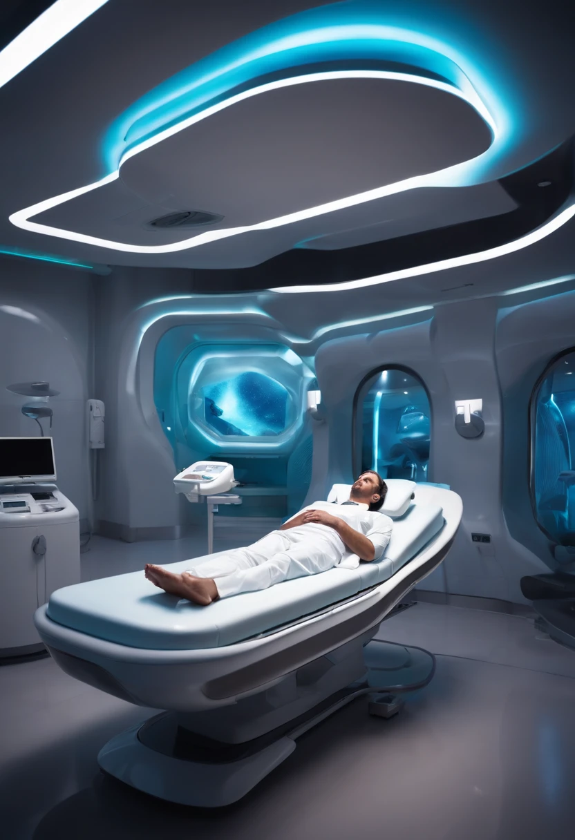 a patient lying on a bed in a futuristic sci-fi dental clinic with advanced technology,