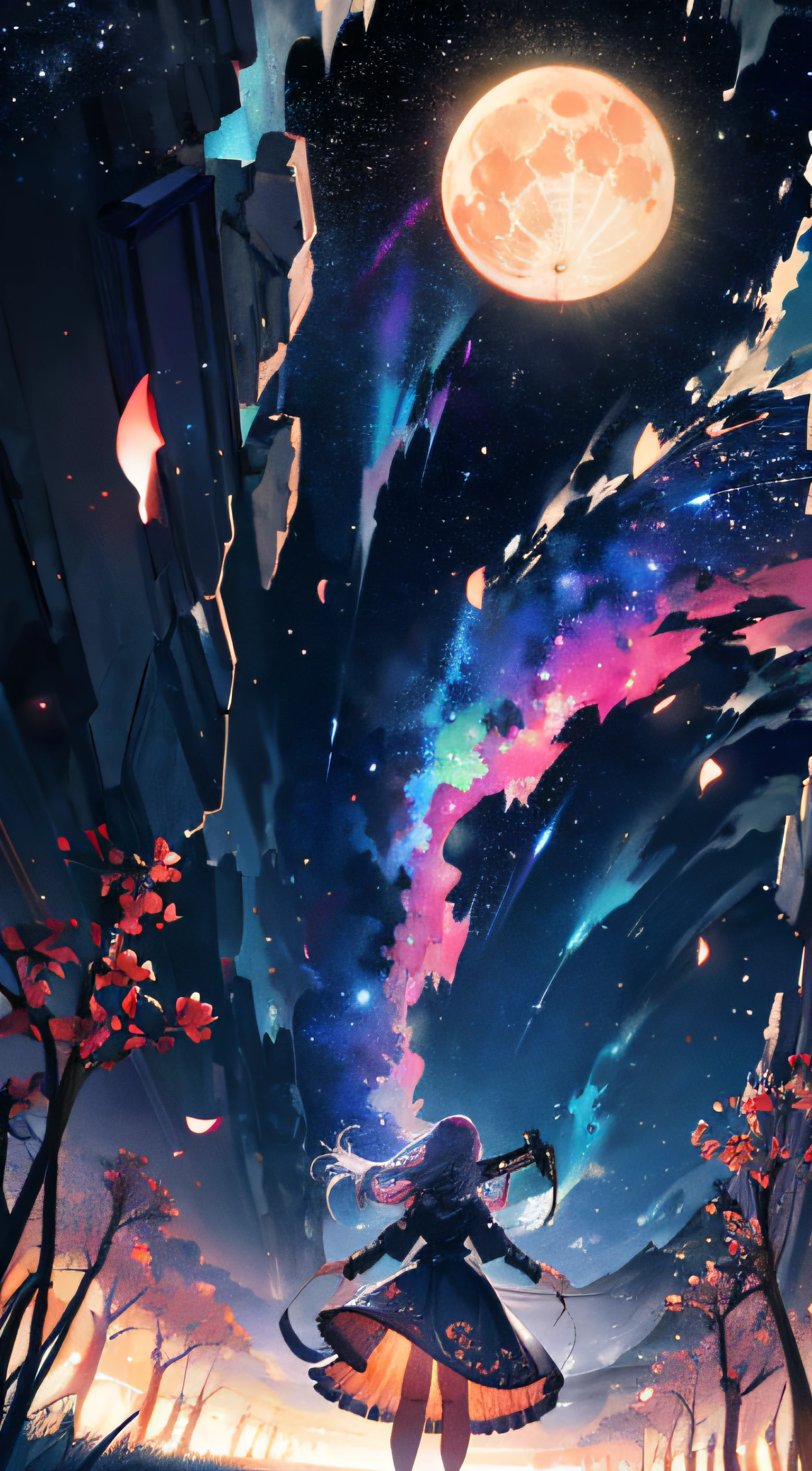 Vast landscape photos , (a view from below that shows sky above and open field below), a girl standing on flower field looking up, (fullmoon:1.2), ( shooting stars:0.9), (nebulas:1.3), distant mountain, Tree Break Production Art, (Warm light source:1.2), (firefly:1.2), apples, lot of purple and orange, Intricate details, Volumetric Lighting BREAK (masutepiece:1.2), (Best Quality), 4K, Ultra-detailed, (dynamic compositions:1.4), Highly detailed, Colorful Detail,( Iridescent colors:1.2), (Glowing lighting, Atmospheric lighting), Dreamy, Magical, (Solo:1.2),watercolor paiting