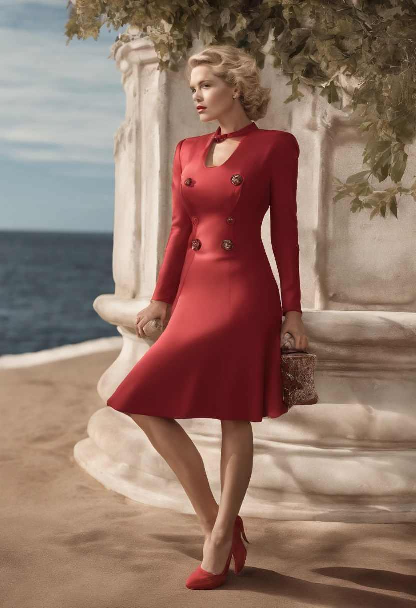 Masterpiece, A beautiful Swedish woman, ((Marilyn Monroe:Ingrid Bergman:0.5)), (Diving red class dress with lots of details), (seins moyens apparent), (corps parfait), (cheveux bruns courts), outside, (texture de la peau:1.1), Best quality, ultra highres, Photo brute, Nikon D850, backlight, rimlight, sun light, grain du film:1.2, (Teinte chaude, ton chaud:1.2), (photo couleur)
