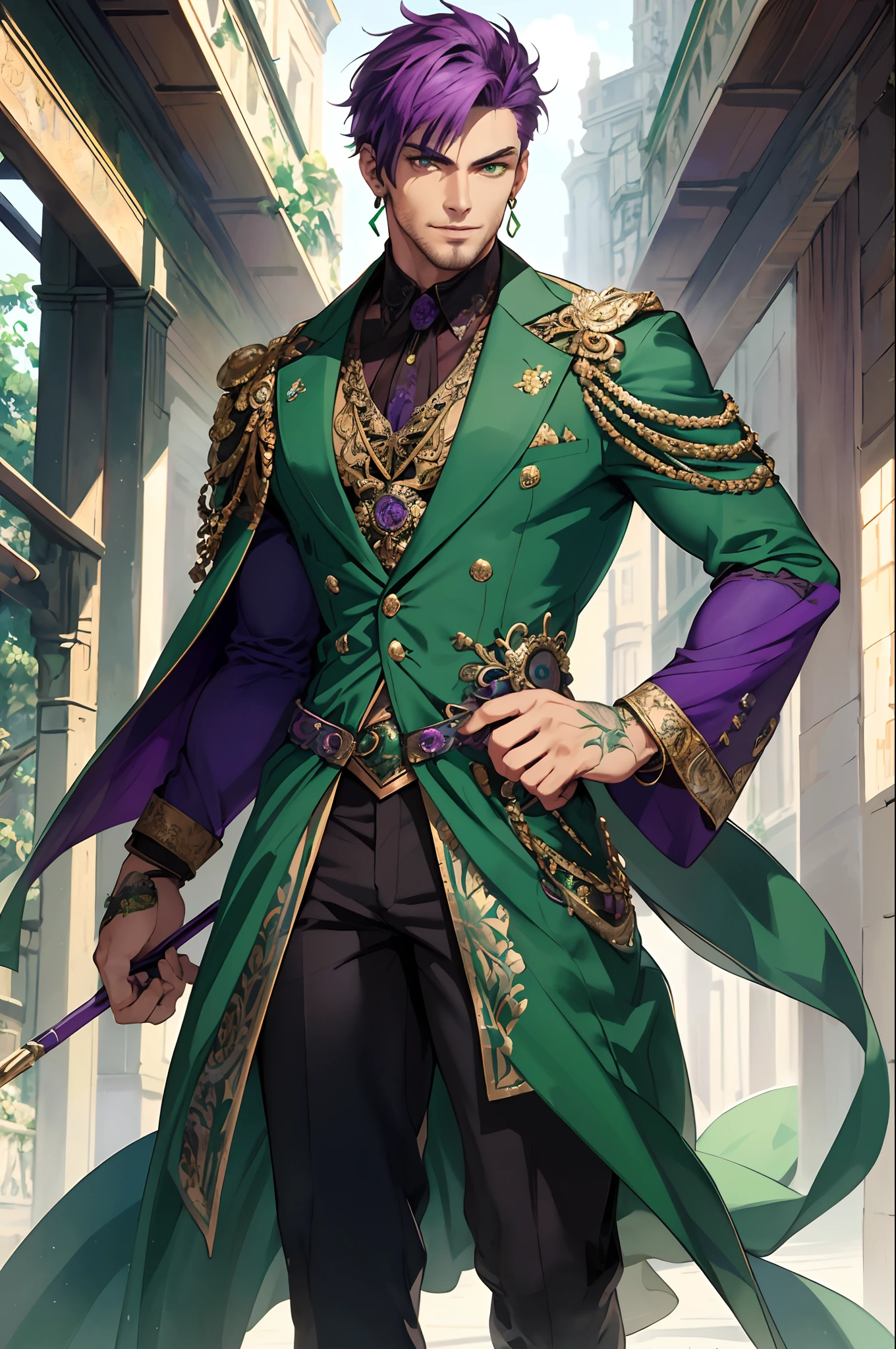 masterpiece, best quality, painting of ((a strikingly handsome and muscular man with short vibrant purple hair and captivating green eyes)), dressed in an intricate outfit in emerald green, plant inspired, Steampunk, exuding confidence, depicted in a dynamic full-body pose