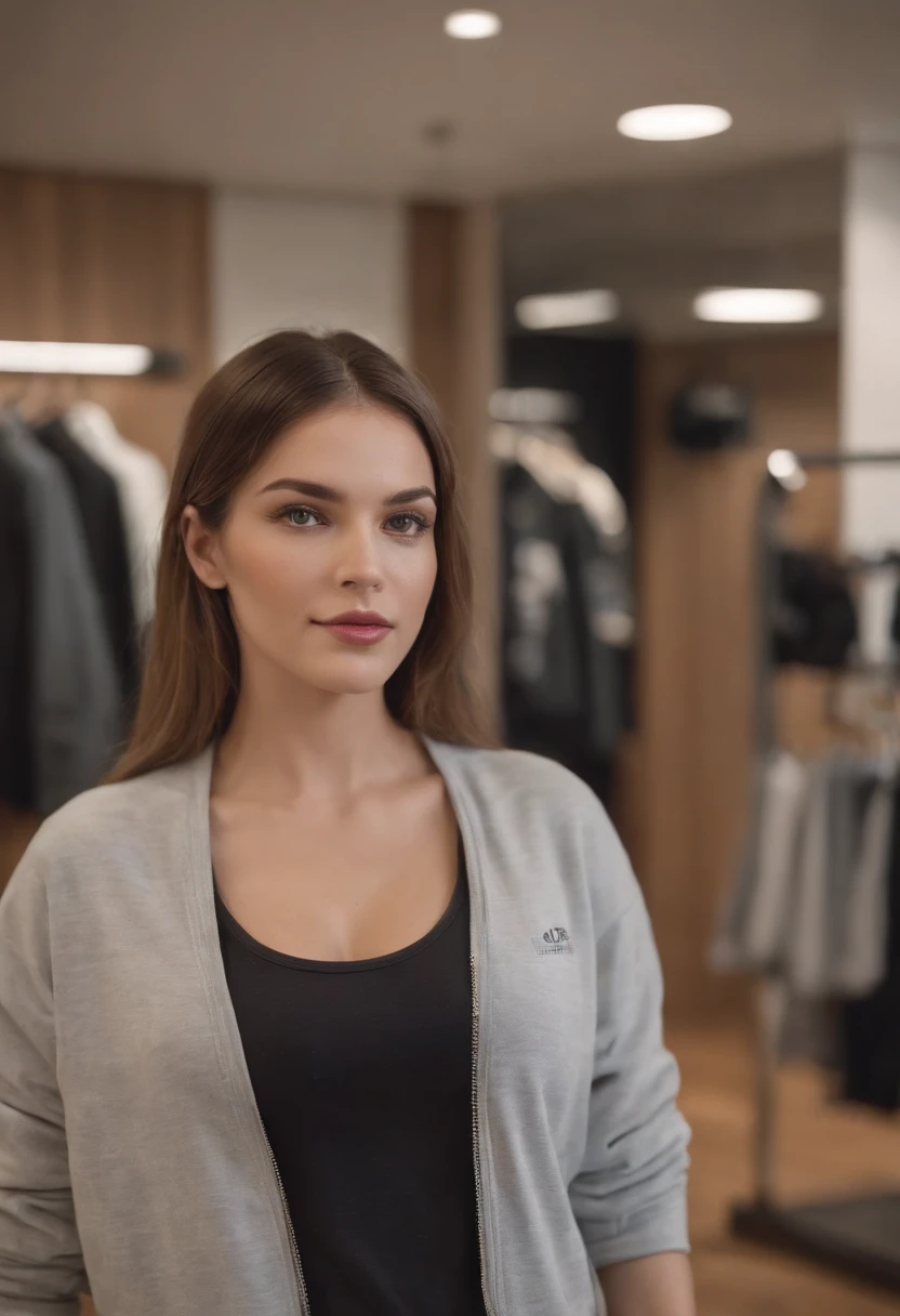 crie uma imagem de uma loja de roupas de academia, extremamente realista, Eat mannequins with gym wear demonstration, com detalhes de loja moderna, a counter in the back for service, qualidade de 42k