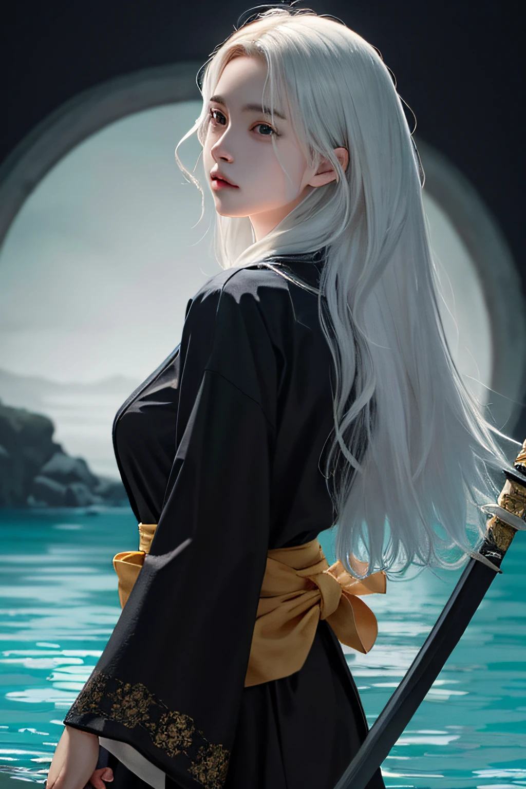 masterpiece, realistic, realism, photorealism, high contrast, photorealistic digital art trending on Artstation 8k HD high definition detailed realistic, 1girl,((water,water ring)), weapon, sword, solo, katana, holding, water, grey eyes, holding weapon, japanese clothes, holding sword, white hair, long hair, kimono, black hair, wide sleeves, long sleeves, lips, cowboy shot, black background, back, parted lips,art by artgerm and ruan jia and greg rutkowski surreal painting,detailed, skin texture, hyper-detailed, realistic skin texture,