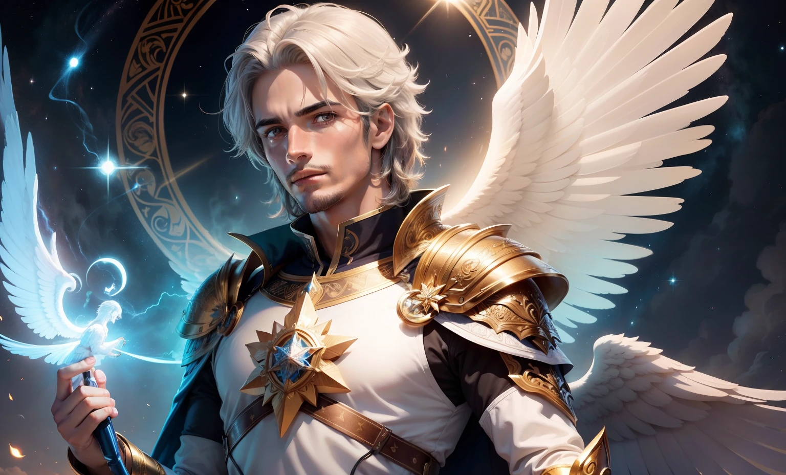 um personagem masculino bonito meia idade, o arcanjo Miguel, imagem celestial, detalhes intricados, realista, asas ROSAS e grandes, fundo angelical, Catholic illustrative image of the archangel Michael, Male character of the Bible, Michael is wearing his angelic armor, cosmic background, Illumination in the Archangel and in the background, imagem do corpo todo do anjo, Maximum detail and his angelic face and wings, pele perfeita realista, Maximum image quality, Miguel ele esta destacado na imagem com cores fortes e chamativas, asas grandes