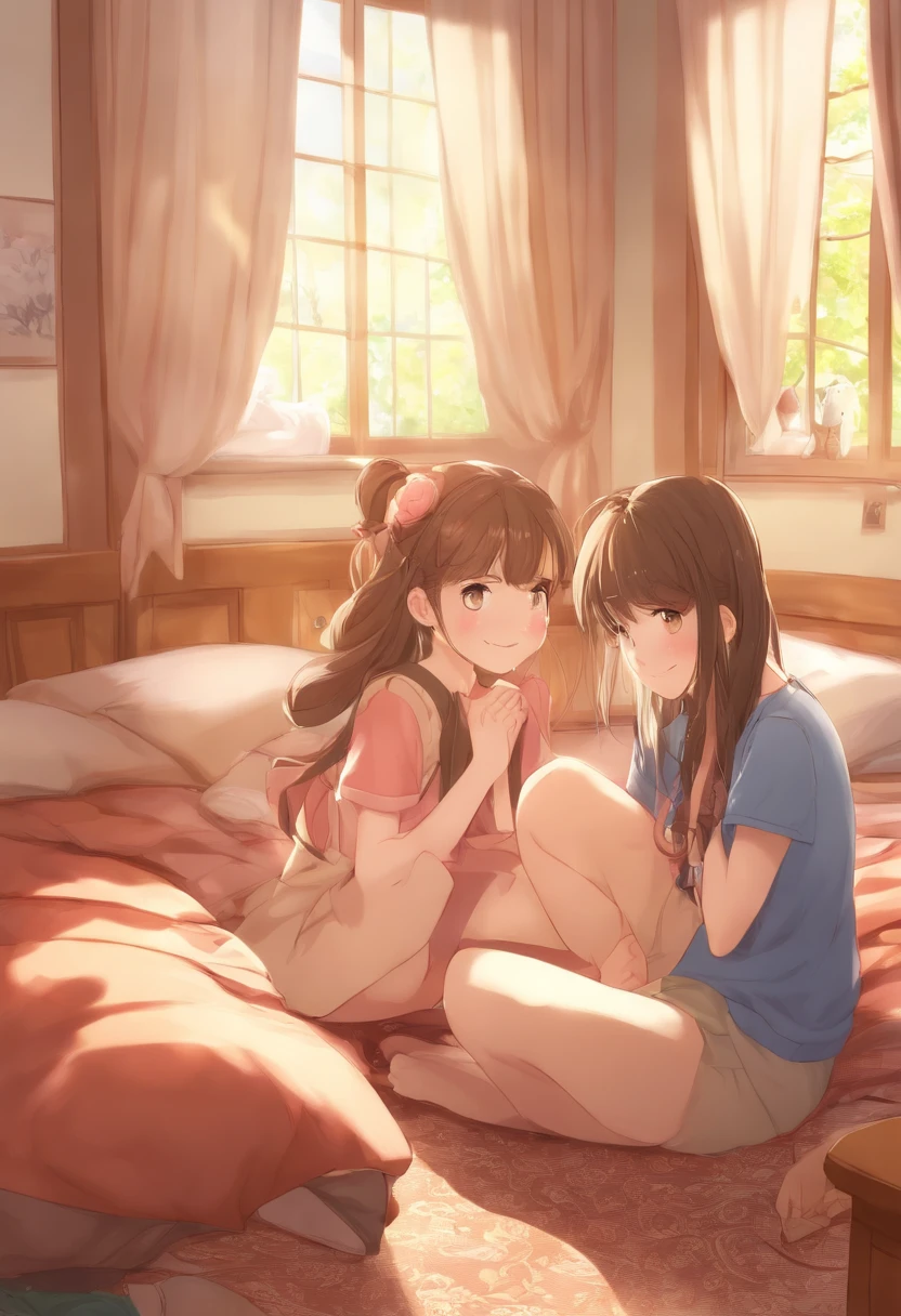 Absurd resolution, high resolution, (Masterpiece: 1.4), Super detailed, (((Detailed face, Detailed expression)), Two girls, Girls and girls, Friends, best friends, Classmates, Relax, pony tails, Bob, sitting on bed, sitting down on the floor, Two are talking, The background is in the room, Friends, best friends, Home, 1k, Small room, Curtains, Bed, Tv, desk, Confectionery, Talk to friends about travel, collection, fun, Smile, Room Wear, Kyoto Animation, Kyoto animation atmosphere, glitters, brilliance,