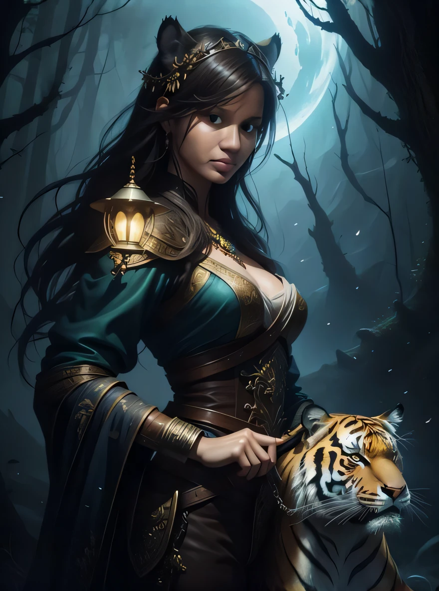 uma mulher em um vestido verde segurando um tigre na frente de uma lua cheia, Tyler Edlin Arte de fantasia, Graphic artist Magali Villeneuve, Magali Villeneuve», retrato de arte conceito de fantasia, epic fantasy character art, arte do personagem de fantasia, arte de fantasia de alta qualidade, fantasy genre portrait, arte do retrato da fantasia, arte estilo fantasia, realistic fantasy illustration, arte de fantasia detalhada