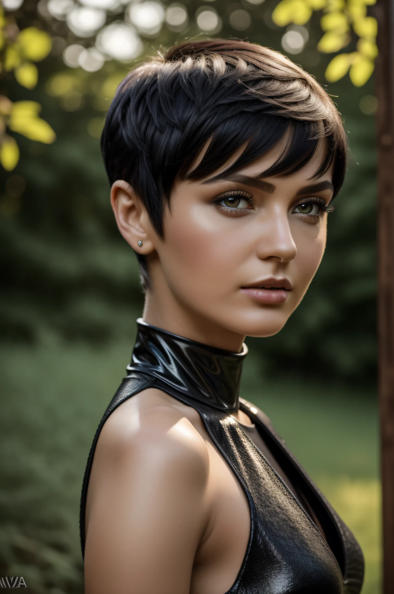 Best quality, 8k, Masterpiece: 1.3, ultra-realistic humanoid android, android female close-up, body made of black shining steel, posing for a photo, fairy shaped short black hair, head like anastasia ovchinnikova, black short hair, short black hair pixie cut, with short hair, head like Olga Buzova, short black hair, alina ivanchenko, short dark haircut, pixie haircut, pixie haircut, julia gorokhova, short dark hair, Masterpiece, (short black hair), outdoors, best quality, very high resolution, raw photo, bright sunlight,