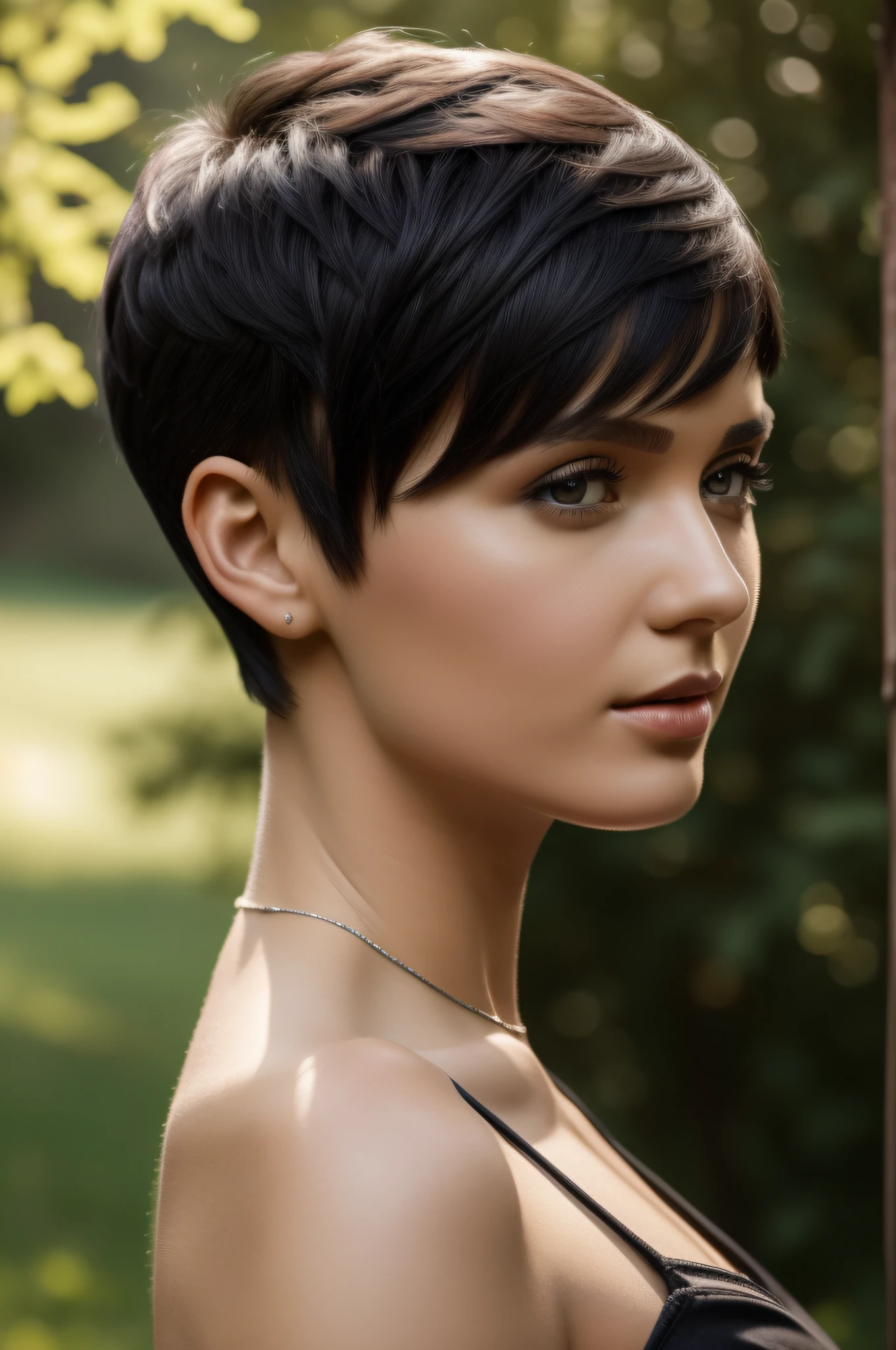 Best quality, 8k, Masterpiece: 1.3, ultra-realistic humanoid android, android female close-up, body made of black shining steel, posing for a photo, fairy shaped short black hair, head like anastasia ovchinnikova, black short hair, short black hair pixie cut, with short hair, head like Olga Buzova, short black hair, alina ivanchenko, short dark haircut, pixie haircut, pixie haircut, julia gorokhova, short dark hair, Masterpiece, (short black hair), outdoors, best quality, very high resolution, raw photo, bright sunlight,