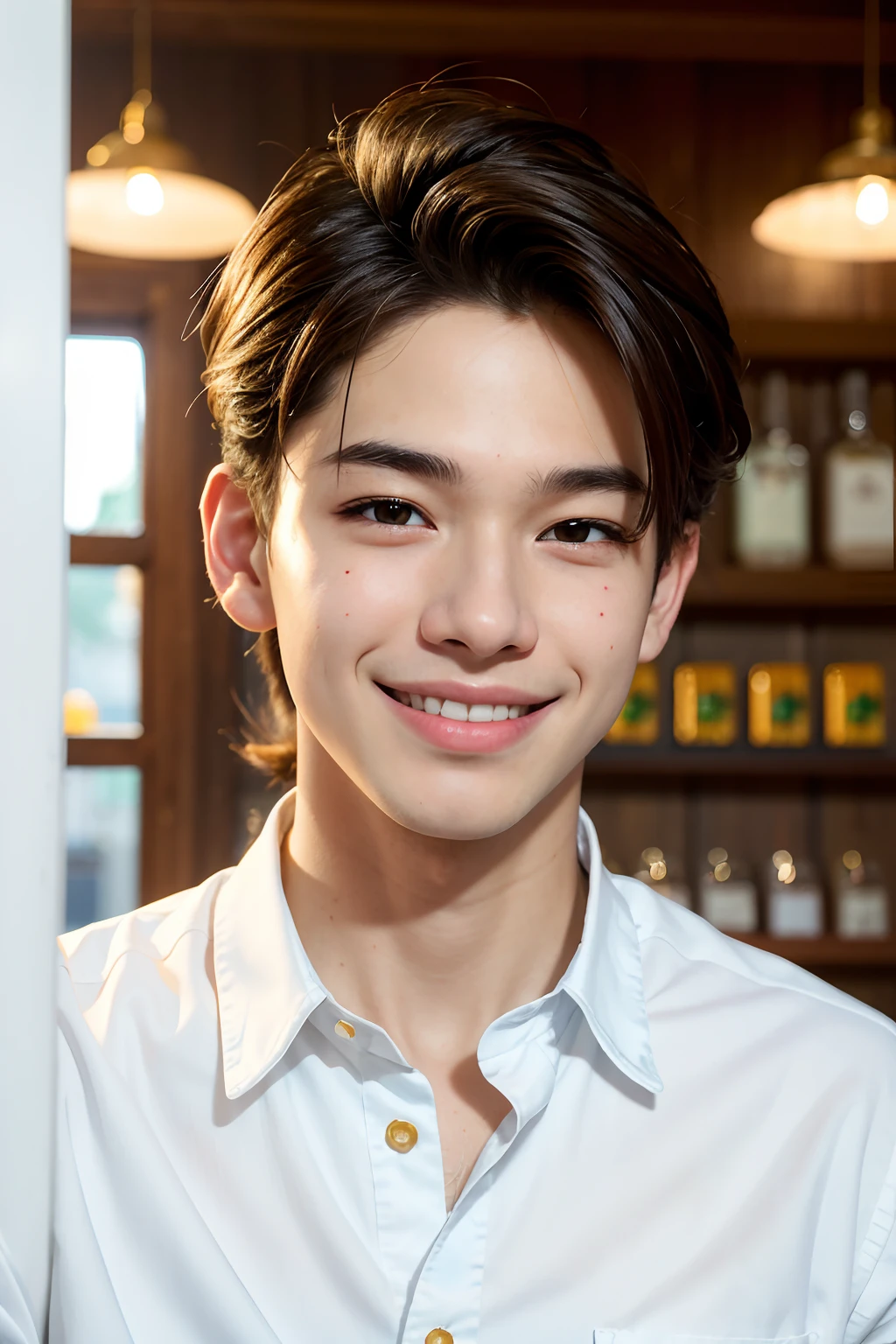 (masterpiece, best quality, high resolution:1.4), 1boy, playful, gentle, lively, skin pores texture, HD , Photography, movie, cinematic, portrait, Realistic, (8k, RAW photo, best quality, masterpiece:1.2), (realistic, photo-realistic:1.33), best quality, (detailed amber color eyes), ((white shirt)), (dark hair),(long hair),(ponytail), (14 years old), ((white shirt)), (handsome), (young), portrait, smile, (background: ice cream shop), bust up, detailed and realistic portrait of a boy, (fragile), (golden hour light),(slender), (playful) , (playful smile), (Brazilian), (agile), colorful, happy, Lee Felix Yong Bok