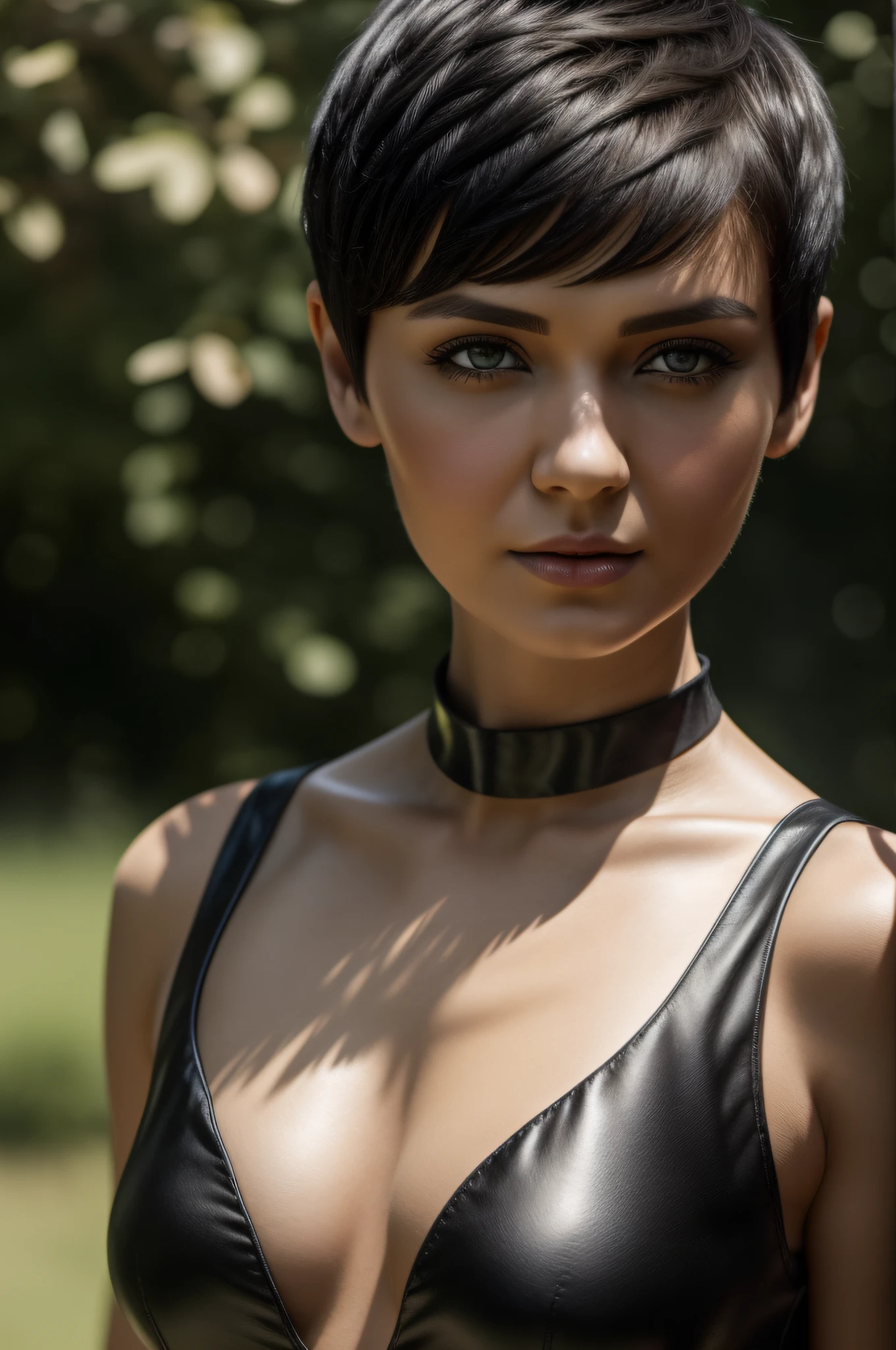 Best quality, 8k, Masterpiece: 1.3, ultra-realistic humanoid android, android female close-up, body made of black shining steel, posing for a photo, fairy shaped short black hair, head like anastasia ovchinnikova, black short hair, short black hair pixie cut, with short hair, head like Olga Buzova, short black hair, alina ivanchenko, short dark haircut, pixie haircut, pixie haircut, julia gorokhova, short dark hair, Masterpiece, (short black hair), outdoors, best quality, very high resolution, raw photo, bright sunlight,