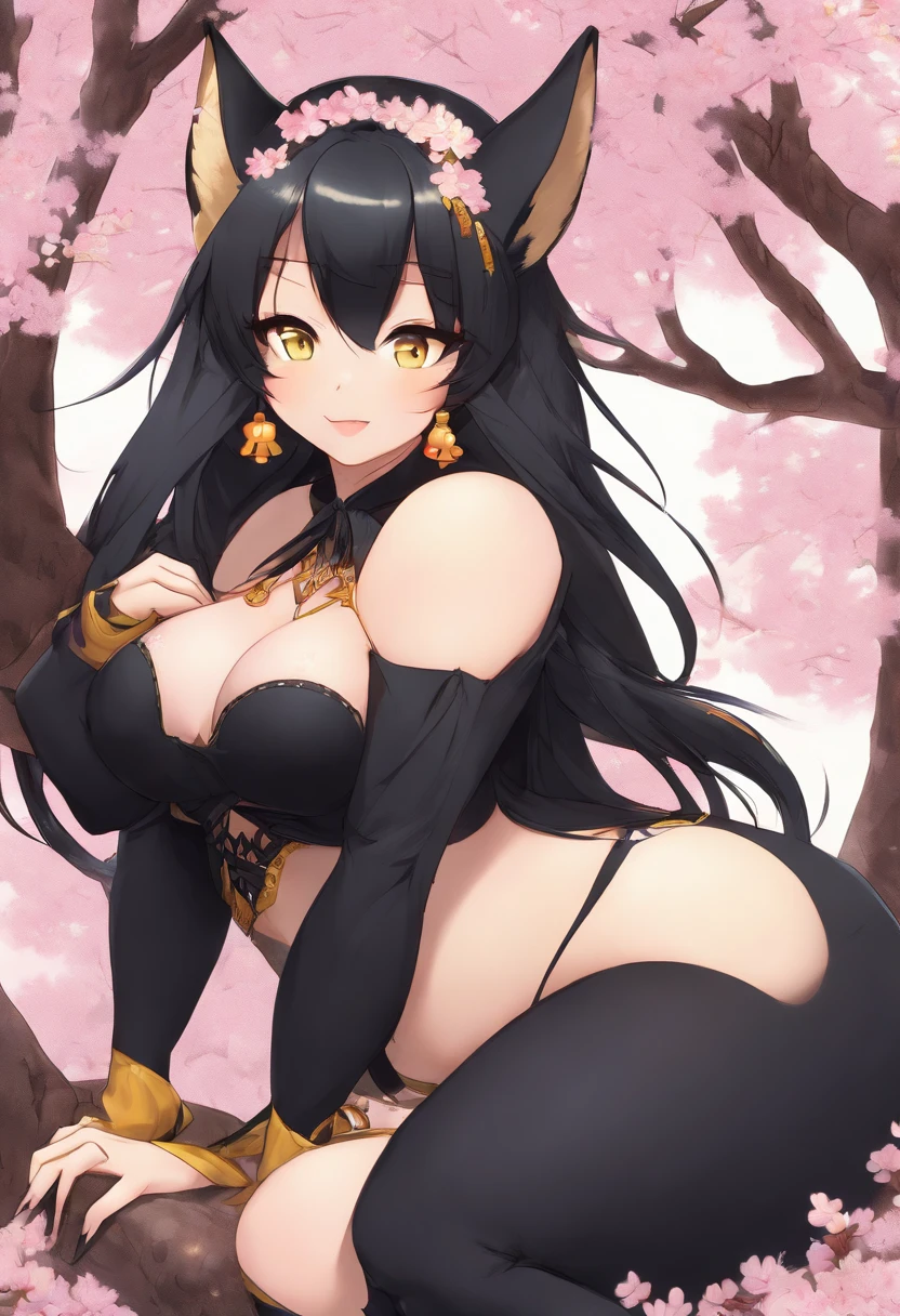 ((Goth Kitsune girl)) with ((Long straight black Hair)) and ((Kitsune Tails)) ((light yellow eyes)) and ((massive Breasts)) and ((massive waist)), ((full-length portrait)), ((thicc)), ((sitting down on a cherry blossom tree doing something sexy)), ((wear black lace bra with small black lace panties)) and ((Massive Hourglass Figure))