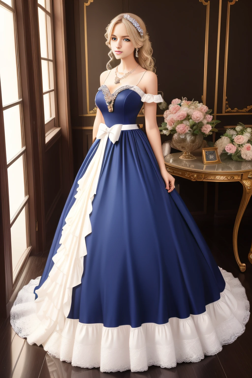 ((Masterpiece, Best Quality)), ballgown, edgPreppy, girl in edgPreppy outfit, tapes, frills, Bows, Jewelry, posing for photos, wear edgPreppy with a ball gown, Blonde in necklace and earrings