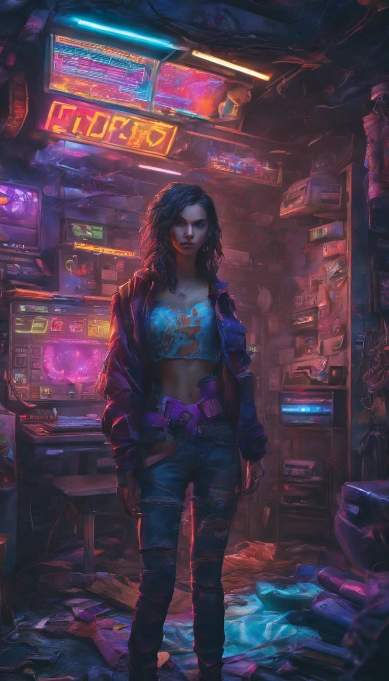 Dark and gloomy full-body 8K drive rendering, ciborgue adolescente feminino, cabelo azul, vestindo armadura de batalha quebrada, in cluttered and messy shack, action shot, camisa rasgada esfarrapada, pele rachada de porcelana, poros da pele, detailed intricate iris, very dark lighting, sombras pesadas, rosto detalhado e detalhado, ((Vibrando, Foto realista, realista, Dramatic, Escuro, foco nítido, 8k)), ::style futurista cyberpunk, Estilo realista, ::n_style pintura digital, deformed parts, rosto deformado, ((rosto feio)), ((deformed hands)),