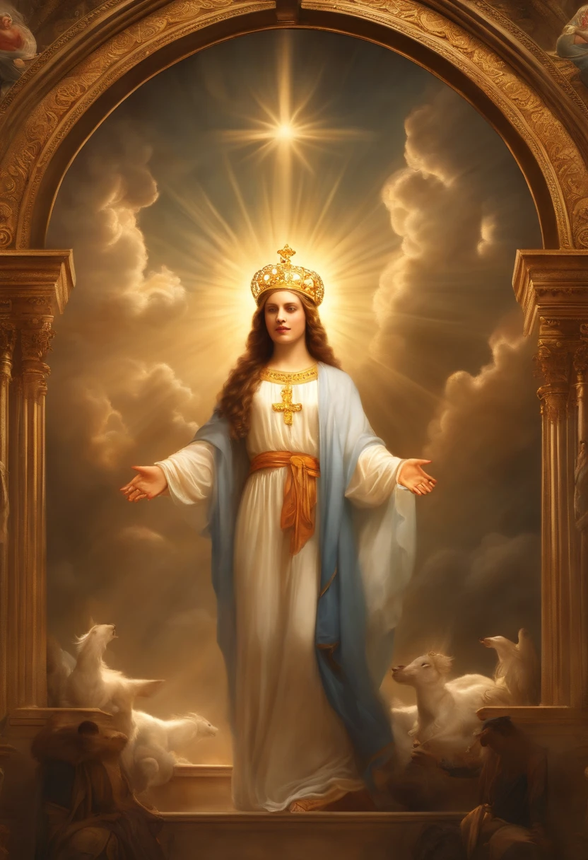(best quality,4k,8k,highres,masterpiece:1.2),ultra-detailed,(realistic,photorealistic,photo-realistic:1.37),painting,baroque art,vibrant colors,natural lighting,ornate details,sacred atmosphere,religious icon,venerated figure,divine presence,classic composition,detailed textures,fine brushstrokes,flowing garments,ethereal beauty,heavenly aura,saintly expression,celestial background,elaborate crown,serene face,sublime masterpiece,impeccable craftsmanship,divine light,spiritual significance,majestic presence,exquisite artistry,harmonious balance,tranquil scene,awe-inspiring,heavenly clouds,golden halo,symbol of faith,prayerful atmosphere,splendid beauty,holy figure,heavenly rays,peaceful gaze,sacramental elements,cultural heritage