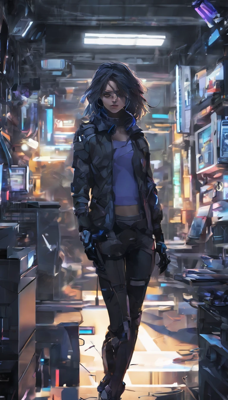 Dark and gloomy full-body 8K drive rendering, ciborgue adolescente feminino, cabelo azul, vestindo armadura de batalha quebrada, in cluttered and messy shack, action shot, camisa rasgada esfarrapada, pele rachada de porcelana, poros da pele, detailed intricate iris, very dark lighting, sombras pesadas, rosto detalhado e detalhado, ((Vibrando, Foto realista, realista, Dramatic, Escuro, foco nítido, 8k)), ::style futurista cyberpunk, Estilo realista, ::n_style pintura digital, deformed parts, rosto deformado, ((rosto feio)), ((deformed hands)),