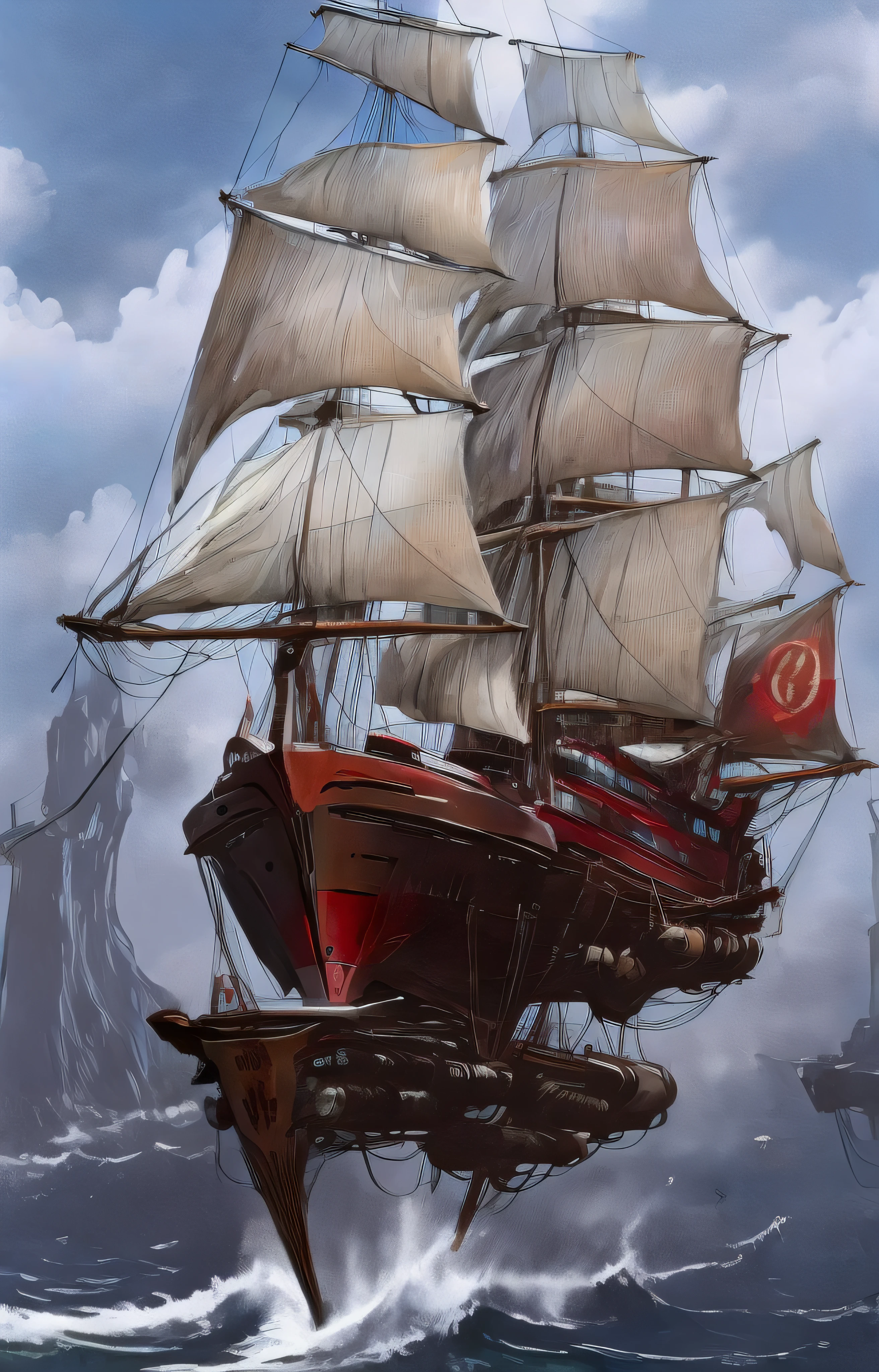 Super velero futurista, con casco rojo, It has a multitude of sails and is flying among the multicolored clouds and while down in a very rough sea huge threatening waves crash against the cliffs