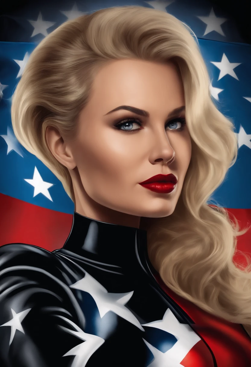 A blonde young woman wearing. in a black latex suit confidently stands as the American president and delivers a powerful speech.