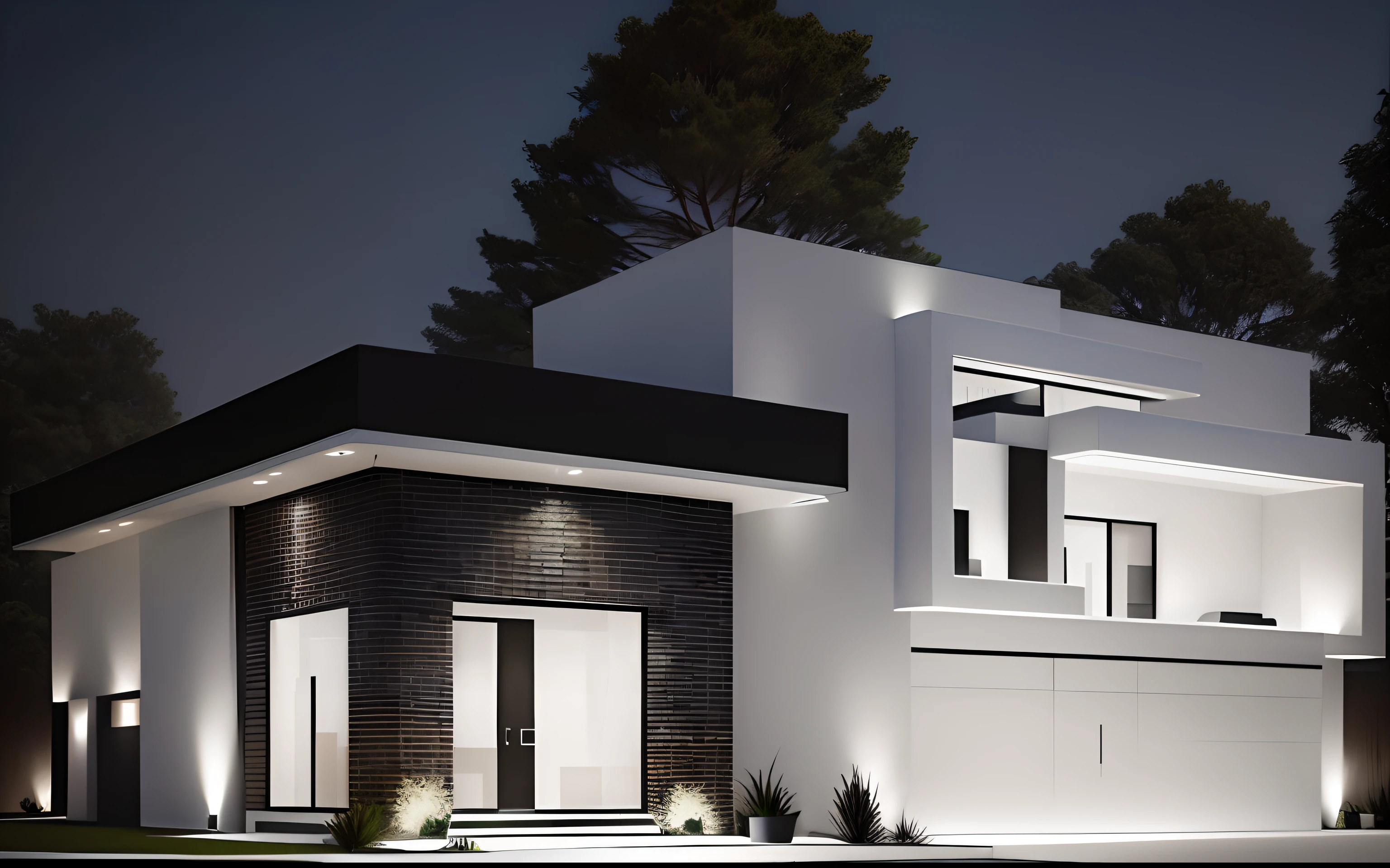 luxury home with modern, minimalist design, straight lines, exposed brick finish, black and white paint, hyper realistic rendering