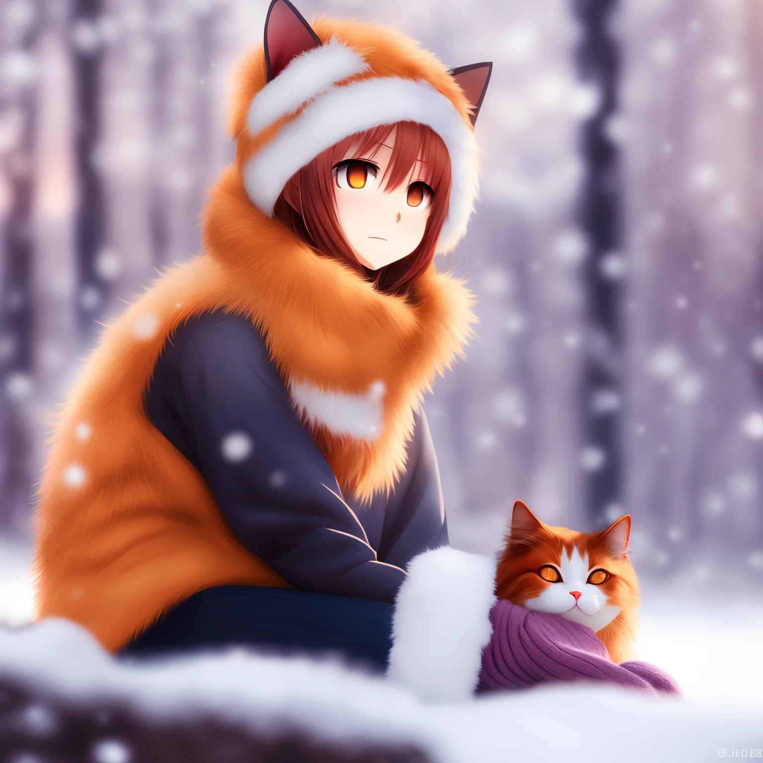 anime style,Catecat,scarf, outdoors, closed eyes, blush, orange scarf, blurry, snow, earmuffs, snowing, winter, blurry background, sitting,facing viewer, orange fur, depth of field, cat,summer,cat --auto --s2