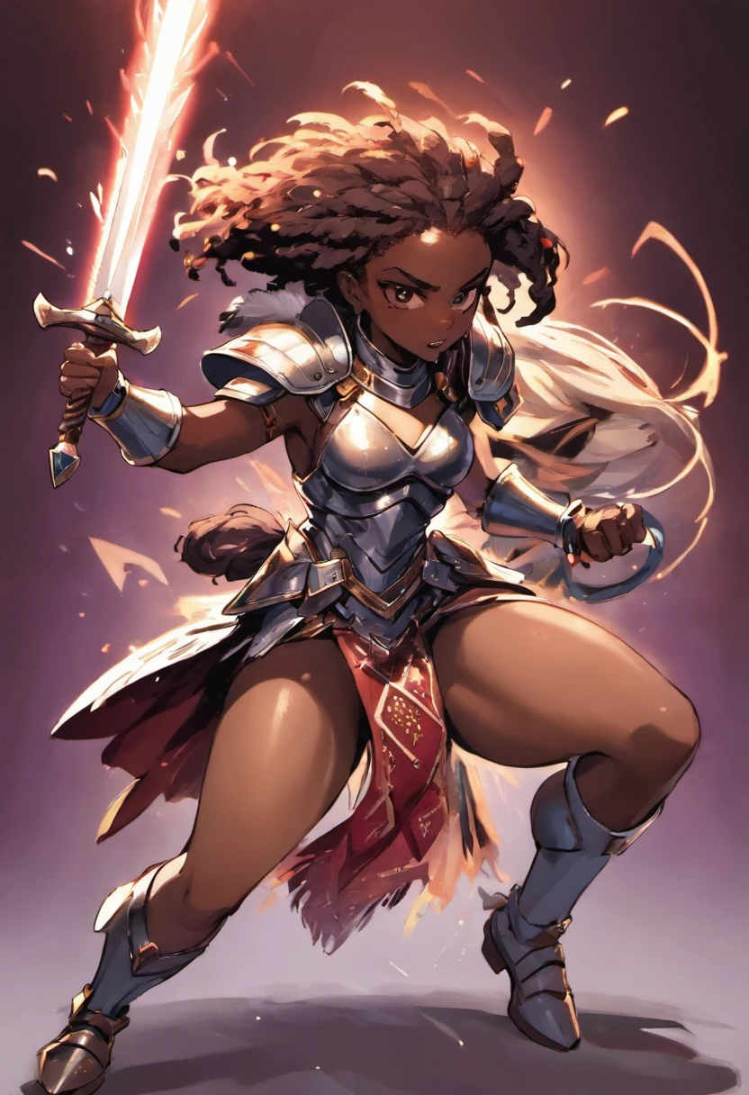masterpiece, best quality, movie still, 1 dark skinned African woman, holding a sword on her shoulder, she is holding a sword, full bodycharacter portrait, valkyrie style character, vampire woman, vampire fangs, afro hair
