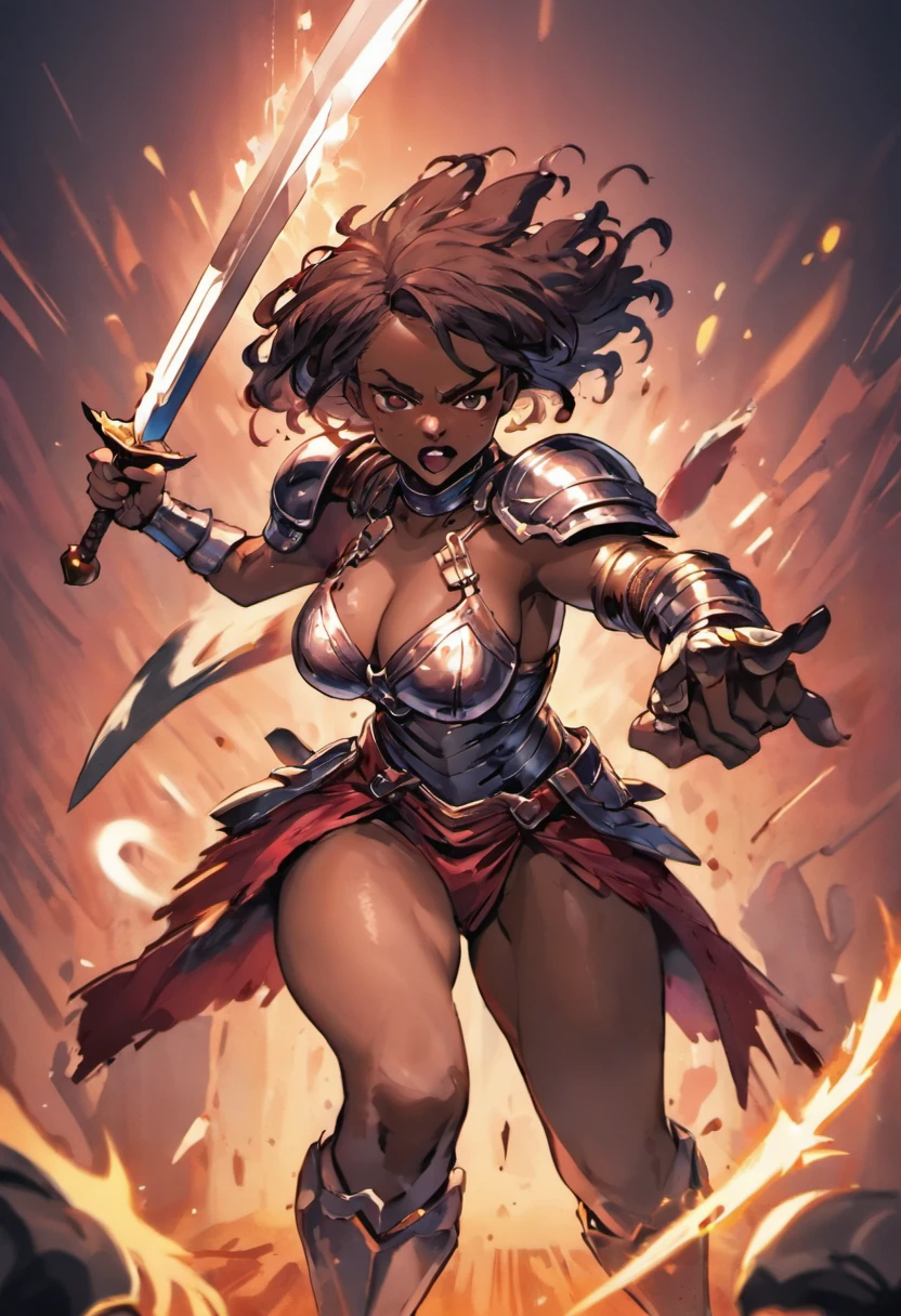 Woman in armor fight sword an african woman beat a white woman