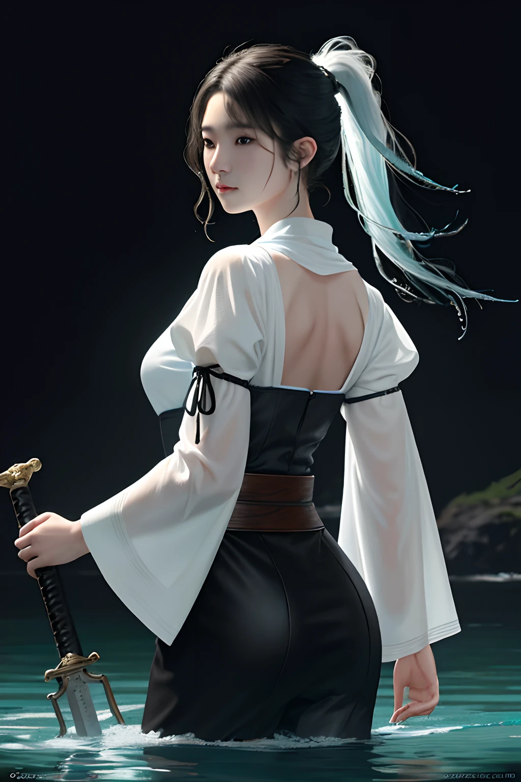 masterpiece, realistic, realism, photorealism, high contrast, photorealistic digital art trending on Artstation 8k HD high definition detailed realistic, 1girl,((water,water ring)), weapon, sword, solo, katana, holding, water, grey eyes, holding weapon, japanese clothes, holding sword, white hair, long hair, kimono, black hair, wide sleeves, long sleeves, lips, cowboy shot, black background, back, parted lips,art by artgerm and ruan jia and greg rutkowski surreal painting,detailed, skin texture, hyper-detailed, realistic skin texture,