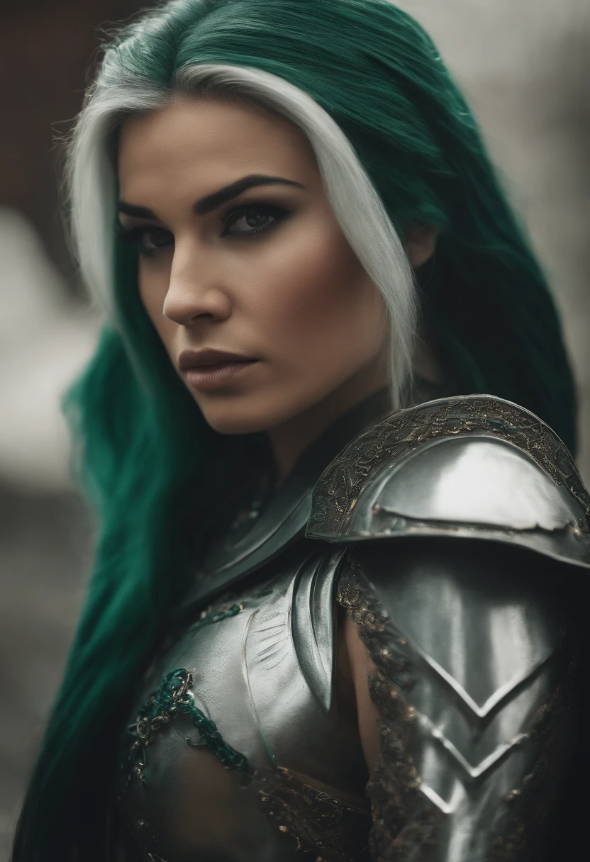 full body, female, armor plates, long emerald green hair, black eyes, silver robe, magical aura, serious expression, cute face, adult, mature female, medium breasts,