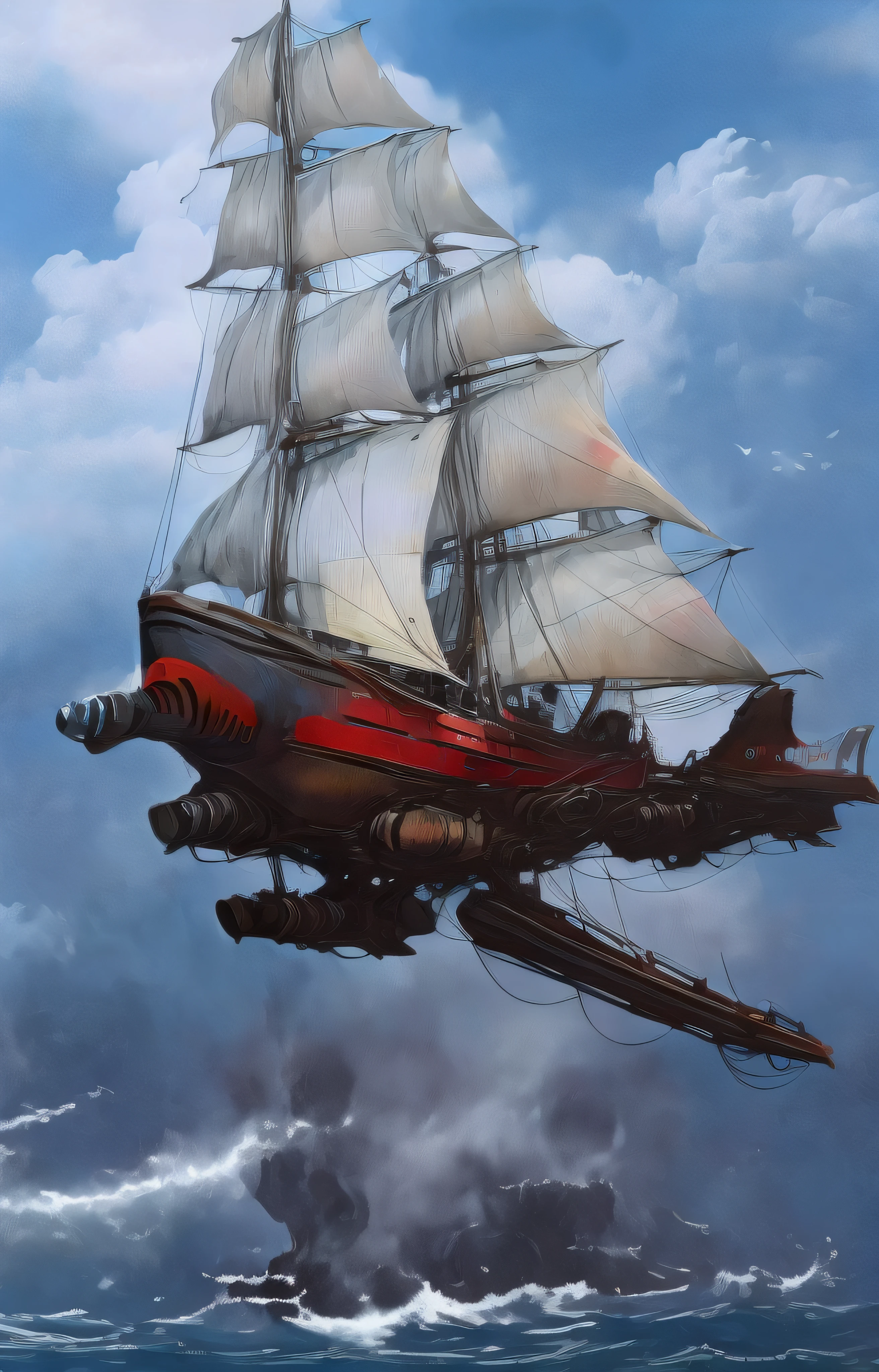 Super velero futurista, con casco rojo, It has a multitude of sails and is flying among the multicolored clouds and while down in a very rough sea huge threatening waves crash against the cliffs