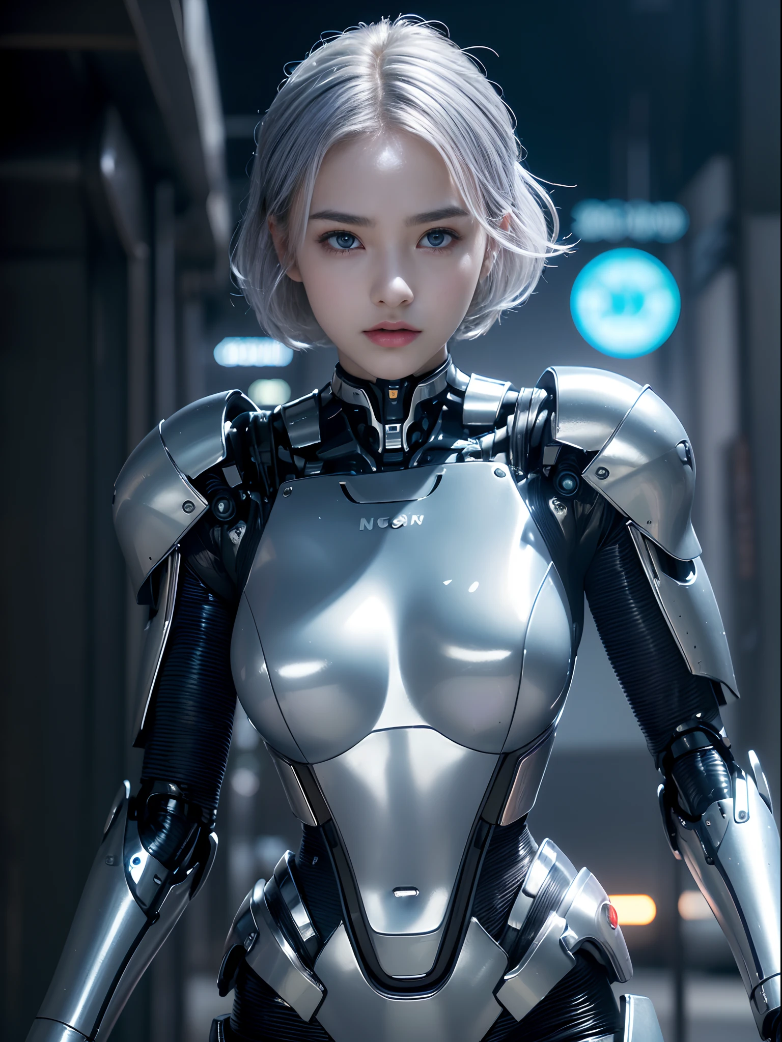 1girl,silver_medium_hair,asymmetrical_bangs,large breasts,cute_face,girl sitting on a chair in the park,perfect eyes,perfect face,skinny,close-up face,night,dim light,cyberpunk,background sci-fi style architecture,mechanical structure,mecha,girl standing in a run-down alley,the ground is full of rubbish,abandoned vehicles,abandoned mecha,damaged mecha,damaged car,mechanical arm,cool transparent sci-fi gel coat,, cinematic film still,score_9,score_8_up,score_7_up,dramatic lighting,(realistic:1.3),highly detailed,high budget,bokeh,cinemascope,moody,epic,gorgeous,film grain,grainy,masterpiece,best quality,perfect anatomy,very aesthetic,official art,8k,