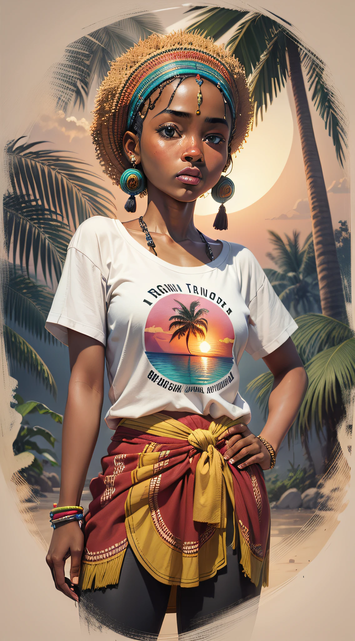 T-shirt design artistic work, African traditional style dancer with coconut tree, sunset, flat illustration, vibrant winner, vector, vintage drawing, white background, 8k