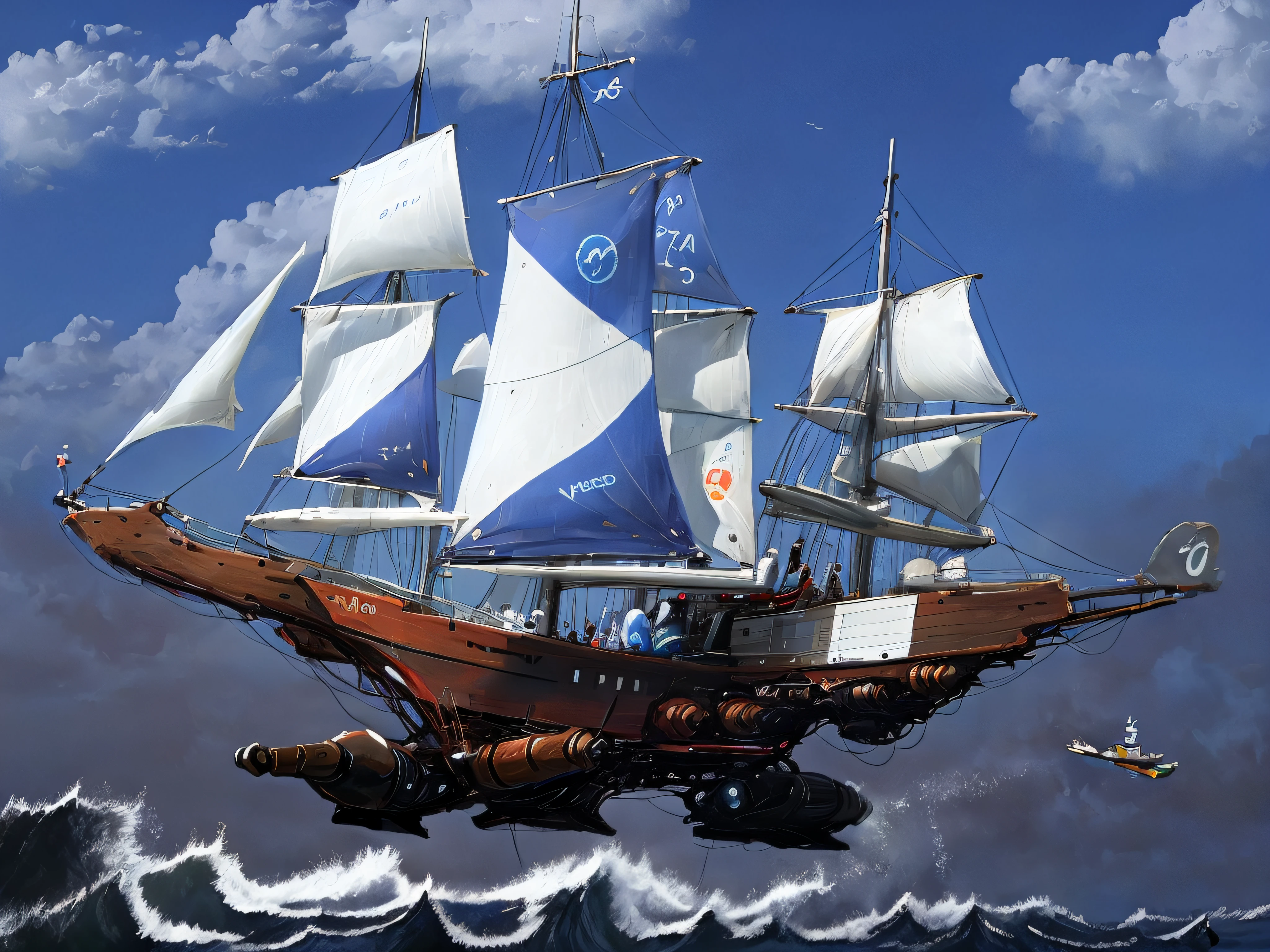 Super velero futurista, con casco azul, It has a multitude of sails and is flying among the multicolored clouds and while down in a very rough sea huge threatening waves crash against the cliffs
