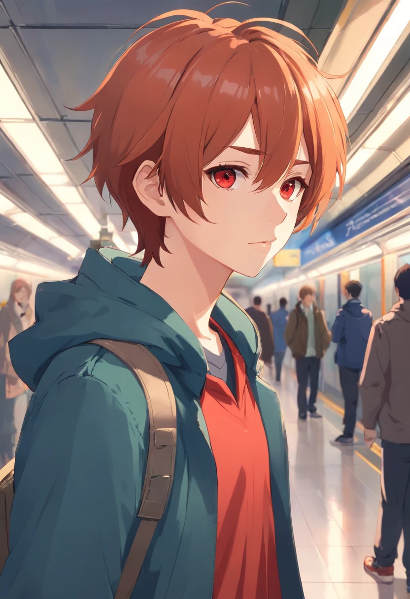 1boy, anime,ginger hair,red eyes,pale skin, wearing a jacket, waiting in the Metro station, absolutely stunning art, extremely detailed, highest quality digital art,
