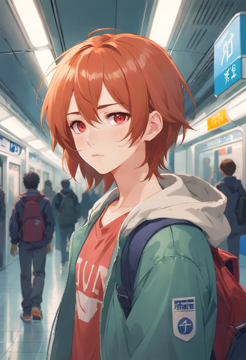 1boy, anime,ginger hair,red eyes,pale skin, wearing a jacket, waiting in the Metro station, absolutely stunning art, extremely detailed, highest quality digital art,