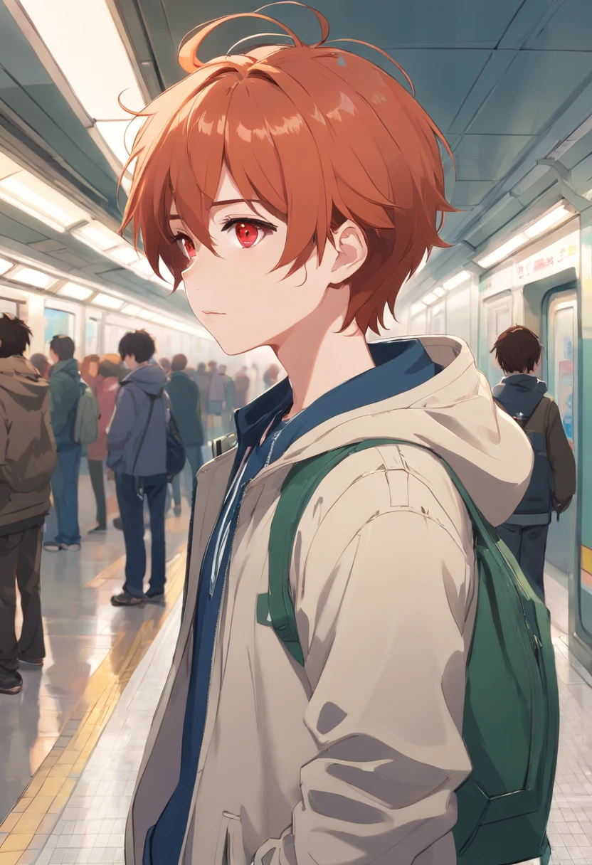 1boy, anime,ginger hair,red eyes,pale skin, wearing a jacket, waiting in the Metro station, absolutely stunning art, extremely detailed, highest quality digital art,