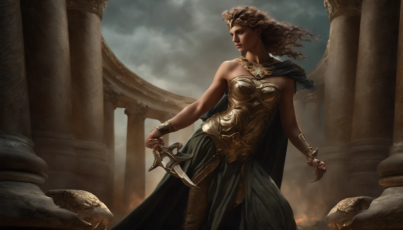 (best quality,4k,8k,highres,masterpiece:1.2),ultra-detailed,(realistic,photorealistic,photo-realistic:1.37), perseus, medusa, intense stare, glistening armor, muscular physique, petrifying snake hair, scattered gemstones, dramatic lighting, classical sculpture, heroic pose, dark background, mythical battle, severed head, menacing expressions, intricate details, dynamic composition, epic confrontation, powerful weapons, ancient Greek mythology