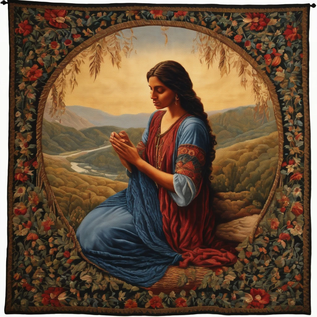 a photo of a tapestry woven with tear-shaped threads, depicting the story of a weaver who crafts intricate patterns using their own tears, symbolizing their emotional journey and the beauty that can arise from pain.