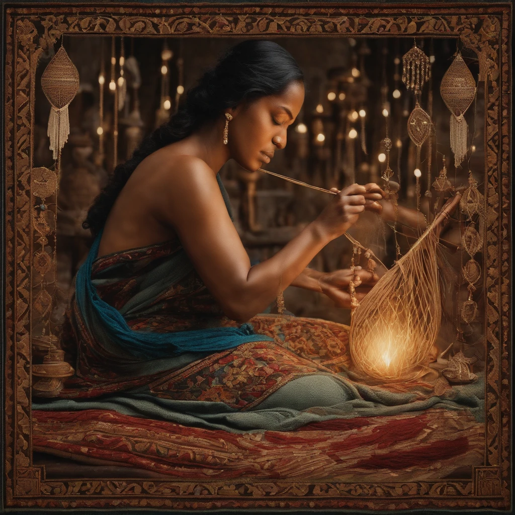 a photo of a tapestry woven with tear-shaped threads, depicting the story of a weaver who crafts intricate patterns using their own tears, symbolizing their emotional journey and the beauty that can arise from pain.