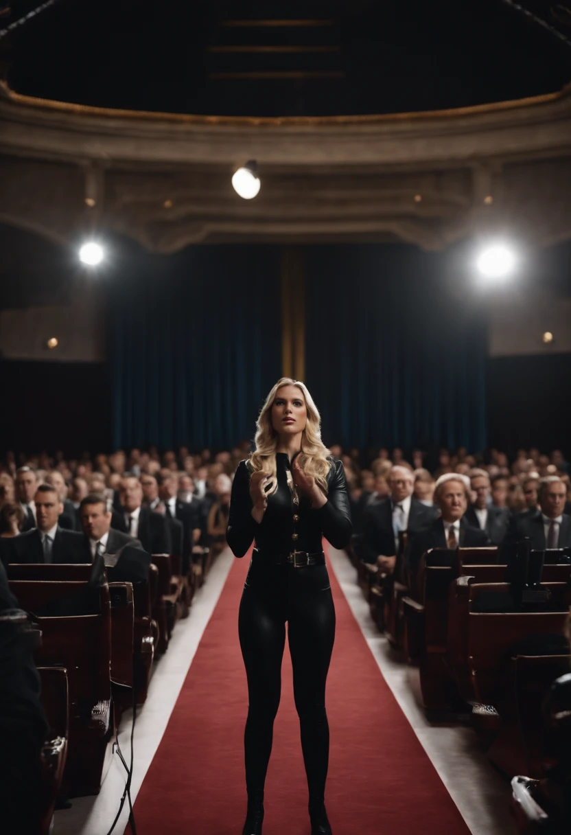A blonde young woman wearing. in a black latex suit confidently stands as the American president and delivers a powerful speech.