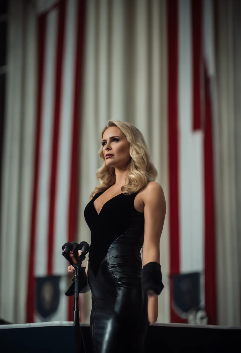 A blonde young woman wearing. in a black latex suit confidently stands as the American president and delivers a powerful speech.