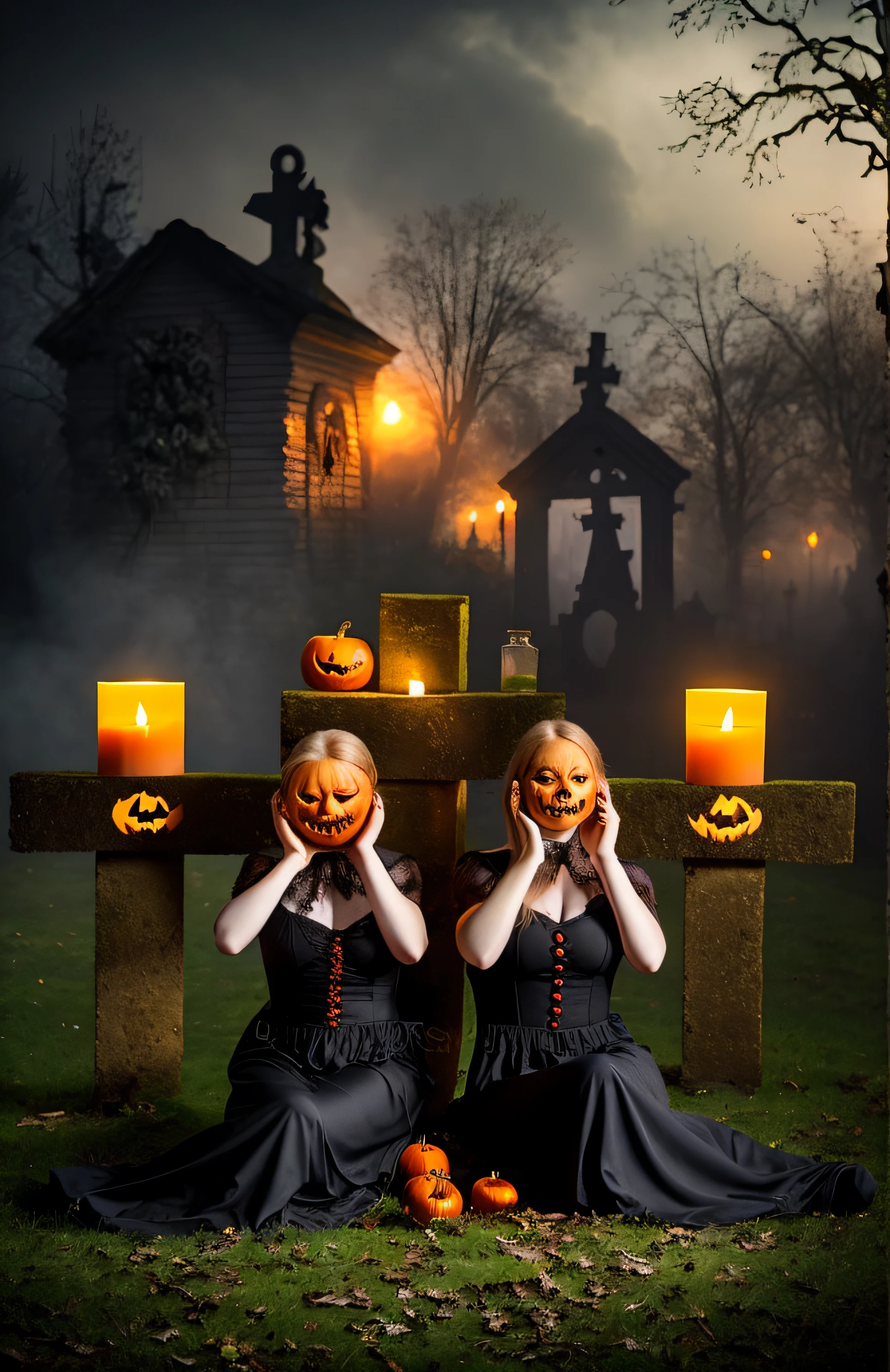 Zwei Frauen, die auf dem Boden sitzen, with pumpkins, die ihre Gesichter bedecken, auf einem Friedhof, Halloween atmosphere, Halloween-Szene, Mitten auf einem Friedhof, creepy and scary atmosphere, Halloween-Thema, Dunkle Friedhofsszene, gruseliges Thema, gespenstischer und trauriger Gesichtsausdruck, Gruseliges Foto, Halloween-Feier, von Elsa Bleda, Hexen, Spirituell unheimlich gruseliges Bild, Shutterstock, mit einem gruseligen Filter