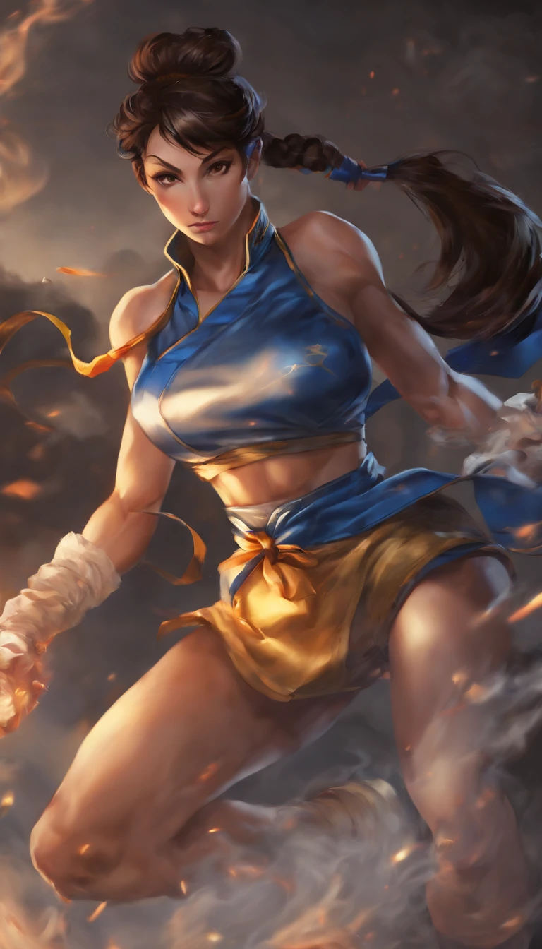 ((Chun li de Street Fighter, Ultra realista)), (((corpo inteiro))), ((perfect hands)), atordoante, hyper realistic, octan render, surrounded by the effect of smoke and lightning, Estilo Street Fighter, fundo antigo, elegante, deslumbrante, (papel de parede), arte conceitual, detalhes intrincados, altamente detalhado, ((cinemactic)), Dramatic, (mais alta qualidade, Concedido, obra-prima:1.5), (fotorrealista:1.5), fotografia, Realistic photo, Nikon, Luz Natural, 4k, highes definition, XF IQ4, 150MP, 50 millimeters, ISO 1000 Certification, 1/Anos 250, Luz Natural, Adobe Lightroom, photolab, Photographic Affinity, PhotoDirector 365,