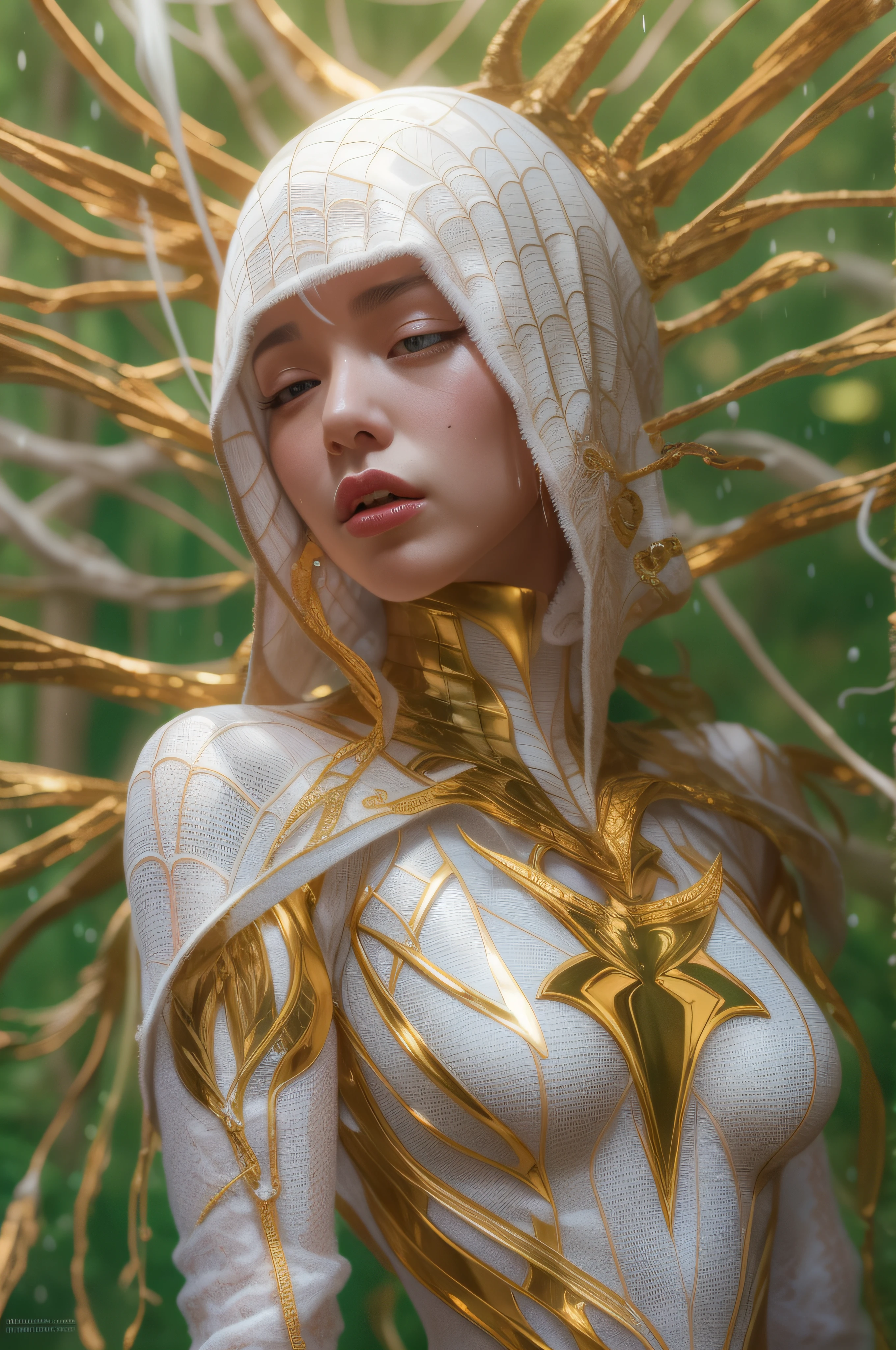 golden and white, spider man, drip outfit, heavy rain, magical, highly detailed, trending on artstation, unreal engine 4 k, cinematic wallpaper by stanley artgerm lau, wlop, rossdraws, james jean, andrei riabovitchev, marc simonetti, yoshitaka amano. background by james jean and gustav klimt, light by julie bell, 4 k, porcelain skin, style of zdislaw beksinski, detailed, 8k, dynamic lighting, white chromatic aberration, soaking wet