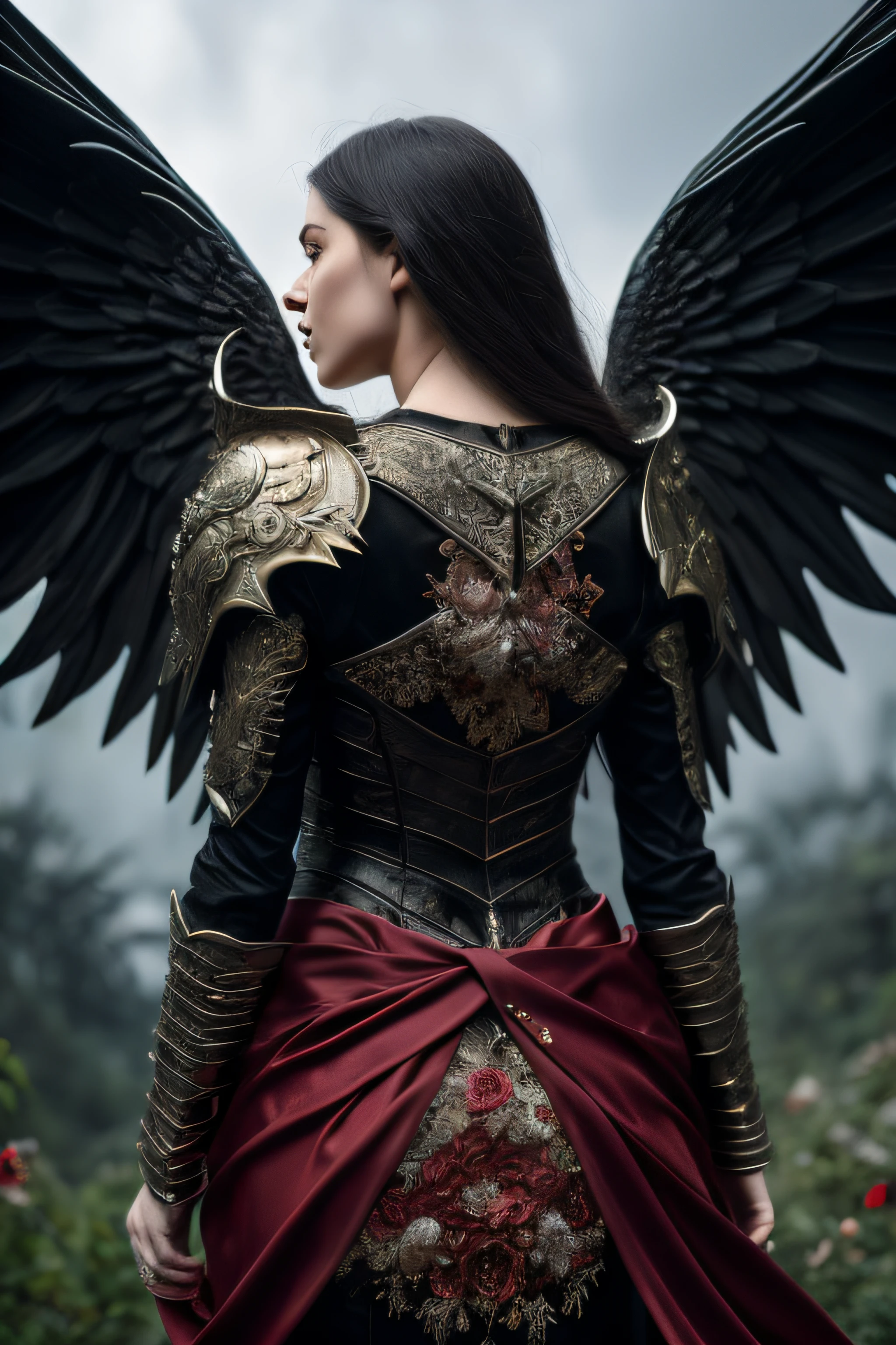 full body:1.6, walking pose, slow motion, (rogue thief:1.2) woman, multi-layered stitched,(red silk cloak), (intricately patterned cloth:1.2), (insanely detailed, flowering:1.5), (top quality, Alessandro Casagrande, Greg Rutkowski, Sally Mann, concept art, 4k), (analog:1.2), (high sharpness), (detailed pupils:1.1), (painting:1.1), (digital painting:1.1), detailed face, eyes and body, masterpiece, best quality, (highly detailed photo:1.1), 8k, photorealistic, (long curvy hair, ecstasy:1.1), (young woman:1.1), by jeremy mann, by sandra chevrier, by maciej kuciara, sharp, (perfect body:1.1), realistic, real shadow, 3d, (europe castle background:1.2), (by Michelangelo), angel of death, innocent, eyes, diadem, angel wings, black clothes, full body, arms behind back, sky, halo, post-apocalypse, detailed armor
