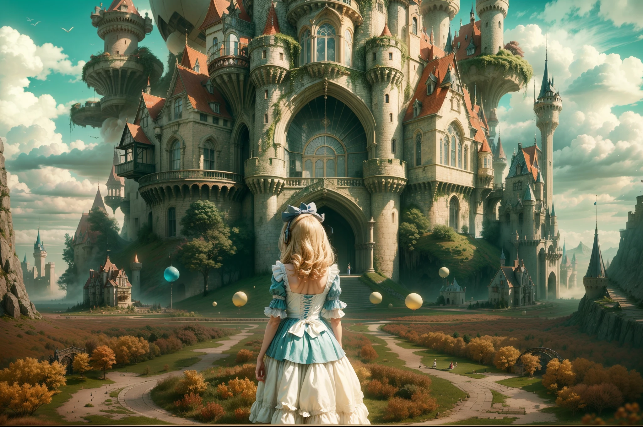 arafed view of a castle with a woman walking in front, inside her surreal vr castle, beautiful castle, beautiful render of a fairytale, like alice in wonderland, flying cloud castle, very far royal steampunk castle, photorealistic disney, magical castle, in a castle on an alien planet, alice attends mad tea party, standing near a castle, abandoned castle in the sky