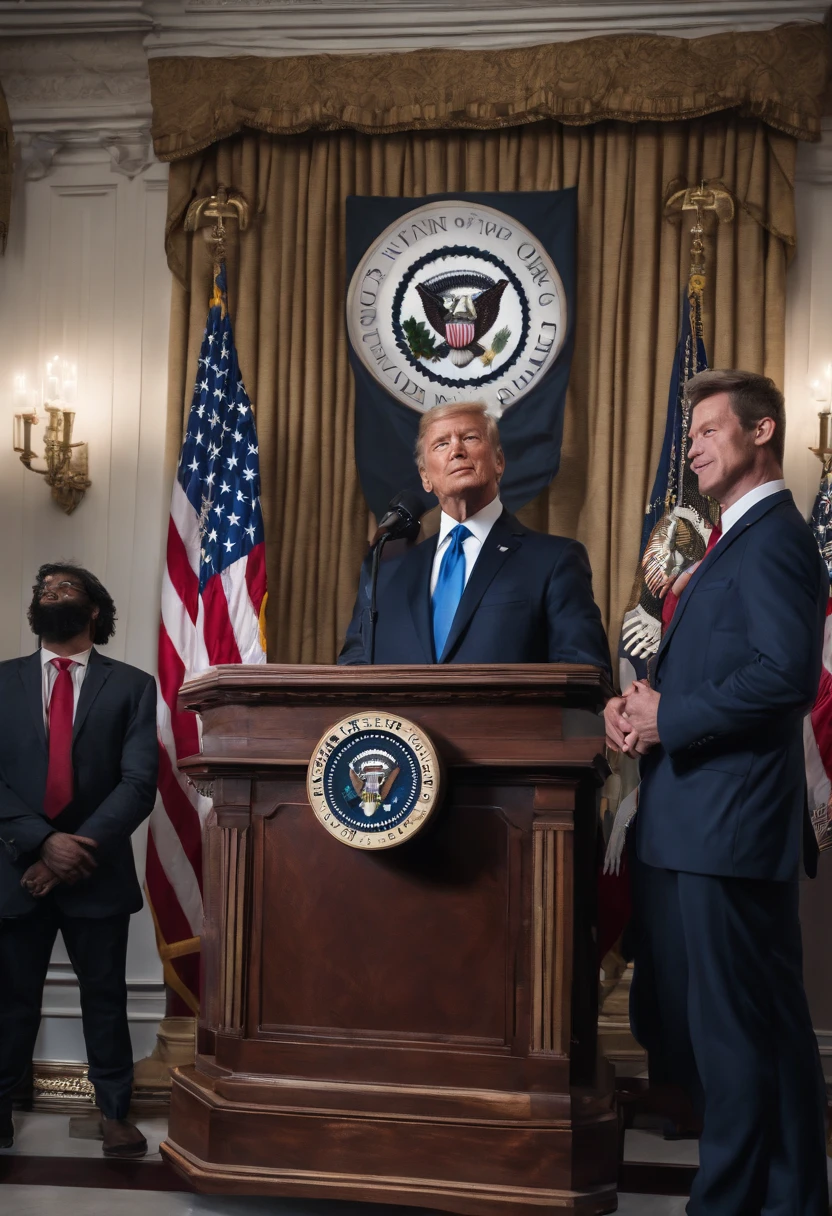 (American president,women's rights advocate,confident,black latex suit,blonde hair,high heels,elegant,professional,leadership),(powerful speech,inspiring,empowering,passionate,eloquent),(large crowd,diverse audience,applauding),(security detail,US flag,teleprompter),(presidential podium,microphone),(best quality,4k,highres),(vivid colors,strong contrast,professional lighting),(photojournalism style,realistic),(patriotic color scheme,red,white,blue),(spotlight,illuminating the speaker)