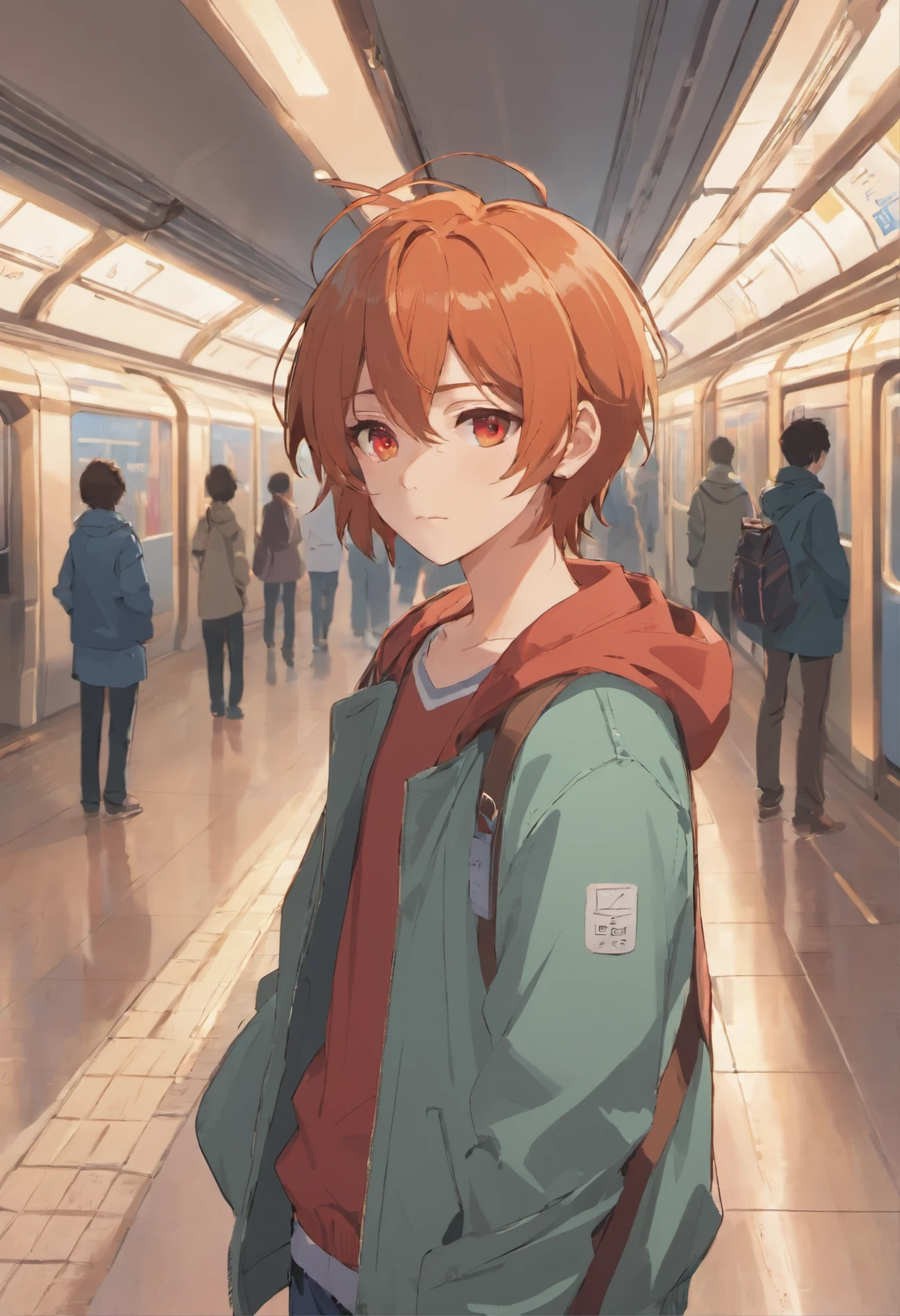 1boy, anime,ginger hair,red eyes,pale skin, wearing a jacket, waiting in the Metro station, absolutely stunning art, extremely detailed, highest quality digital art,